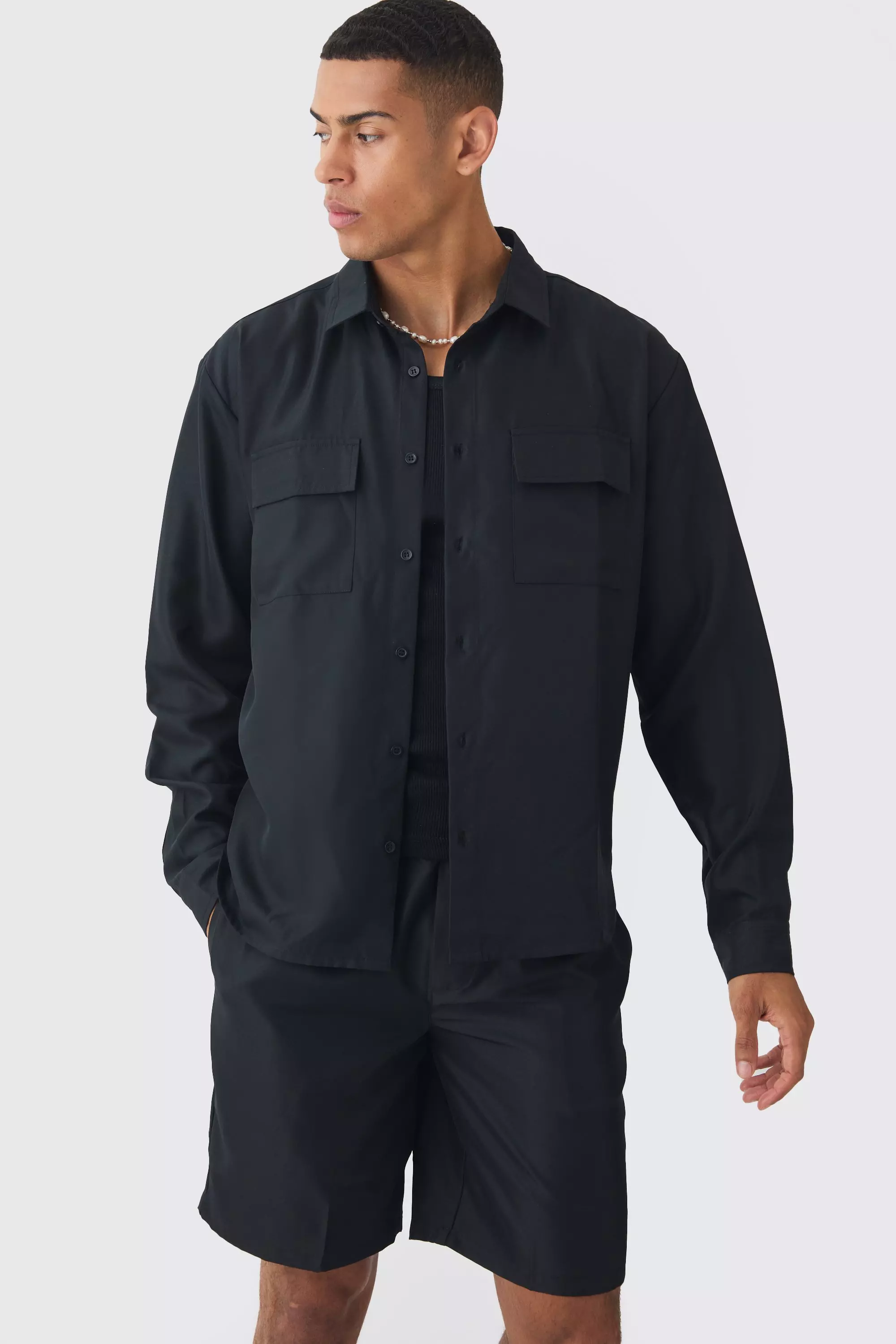 Black Oversized Revere Soft Twill Cargo Pocket Long Sleeve Shirt