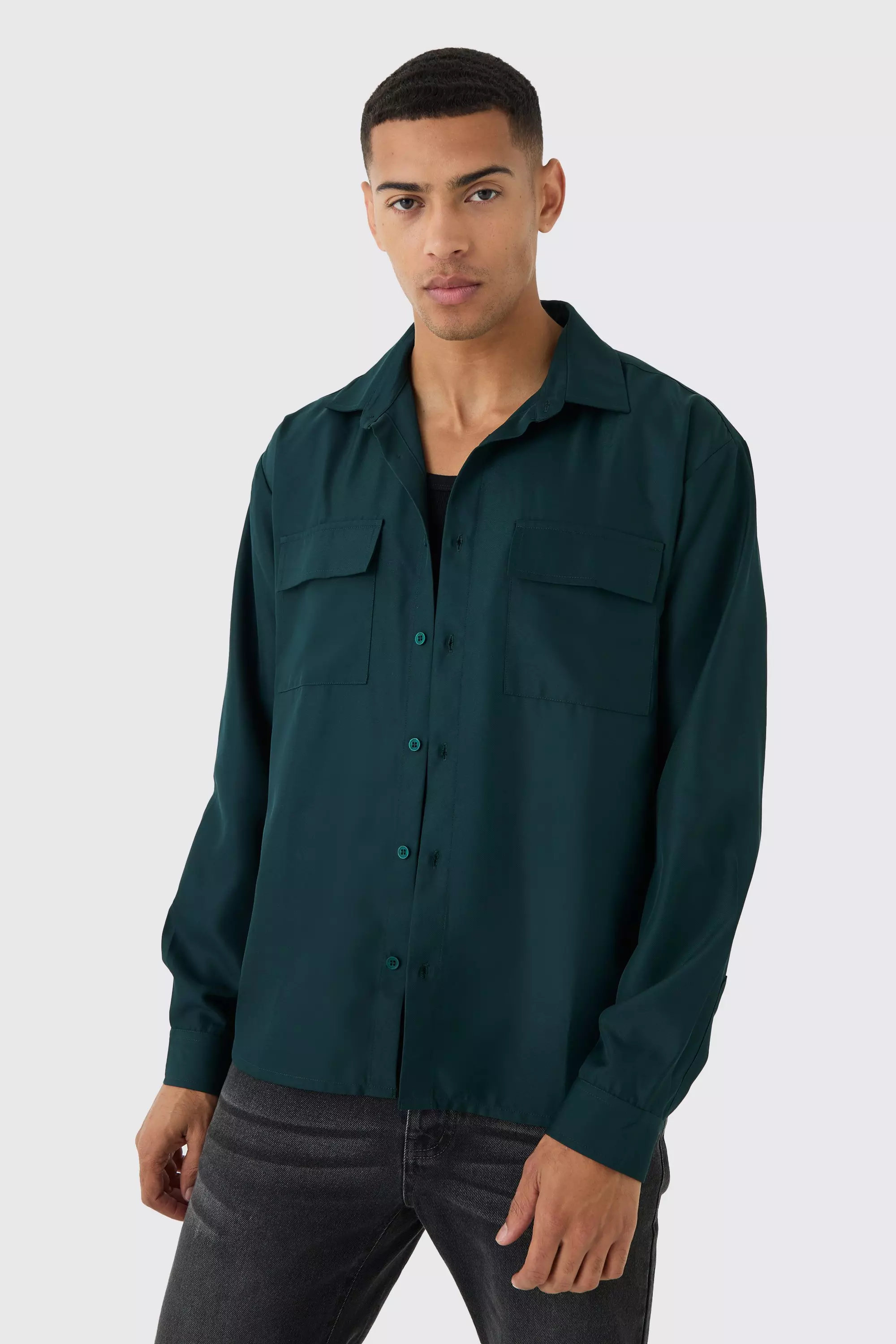 Oversized Revere Soft Twill Cargo Pocket Long Sleeve Shirt Khaki