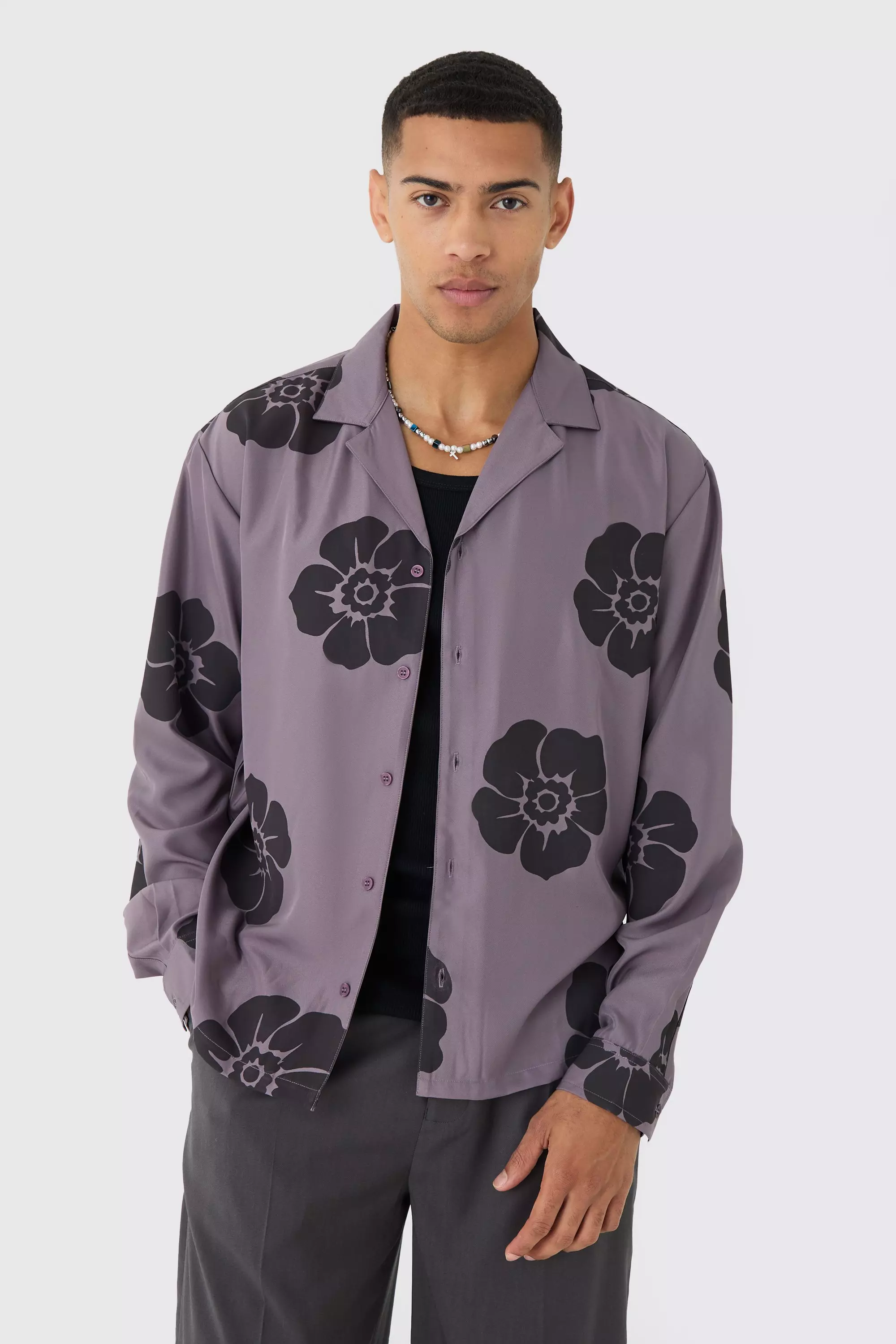 Langärmliges florales Oversize Twill-Hemd, Mauve alternatives Bild
