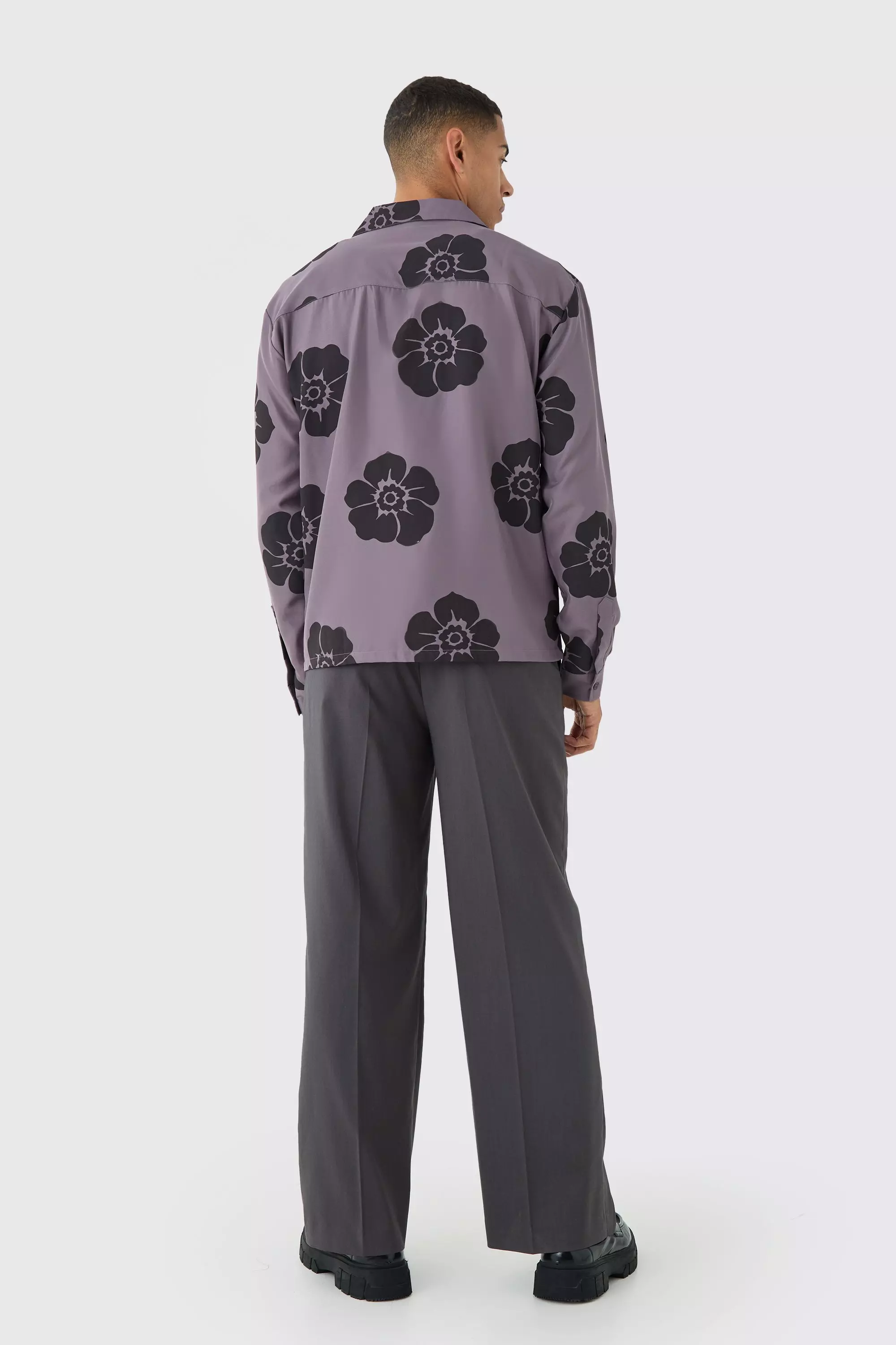 Langärmliges florales Oversize Twill-Hemd, Mauve alternatives Bild