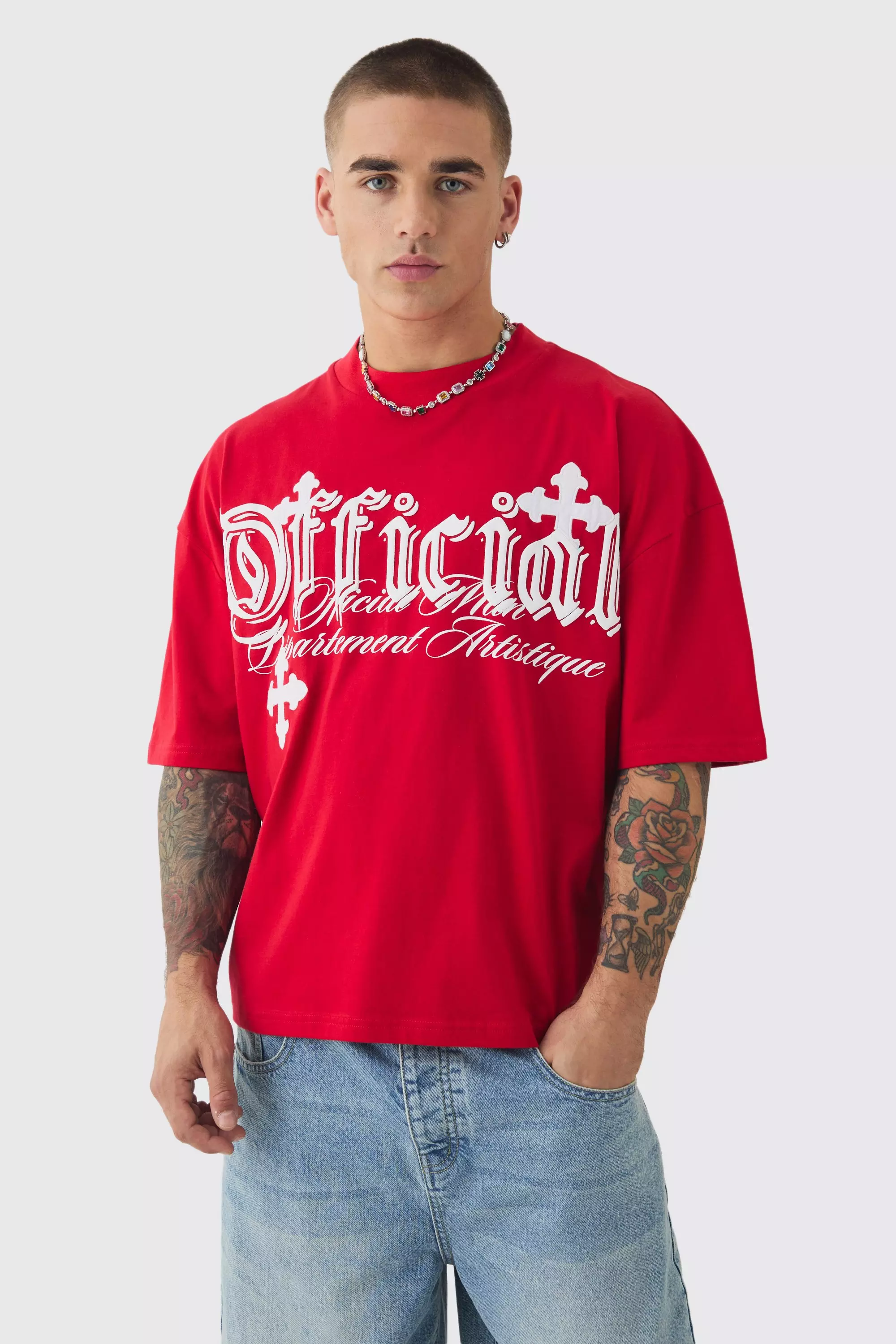 Oversized Boxy Cross Applique Distressed T-shirt | boohooMAN USA