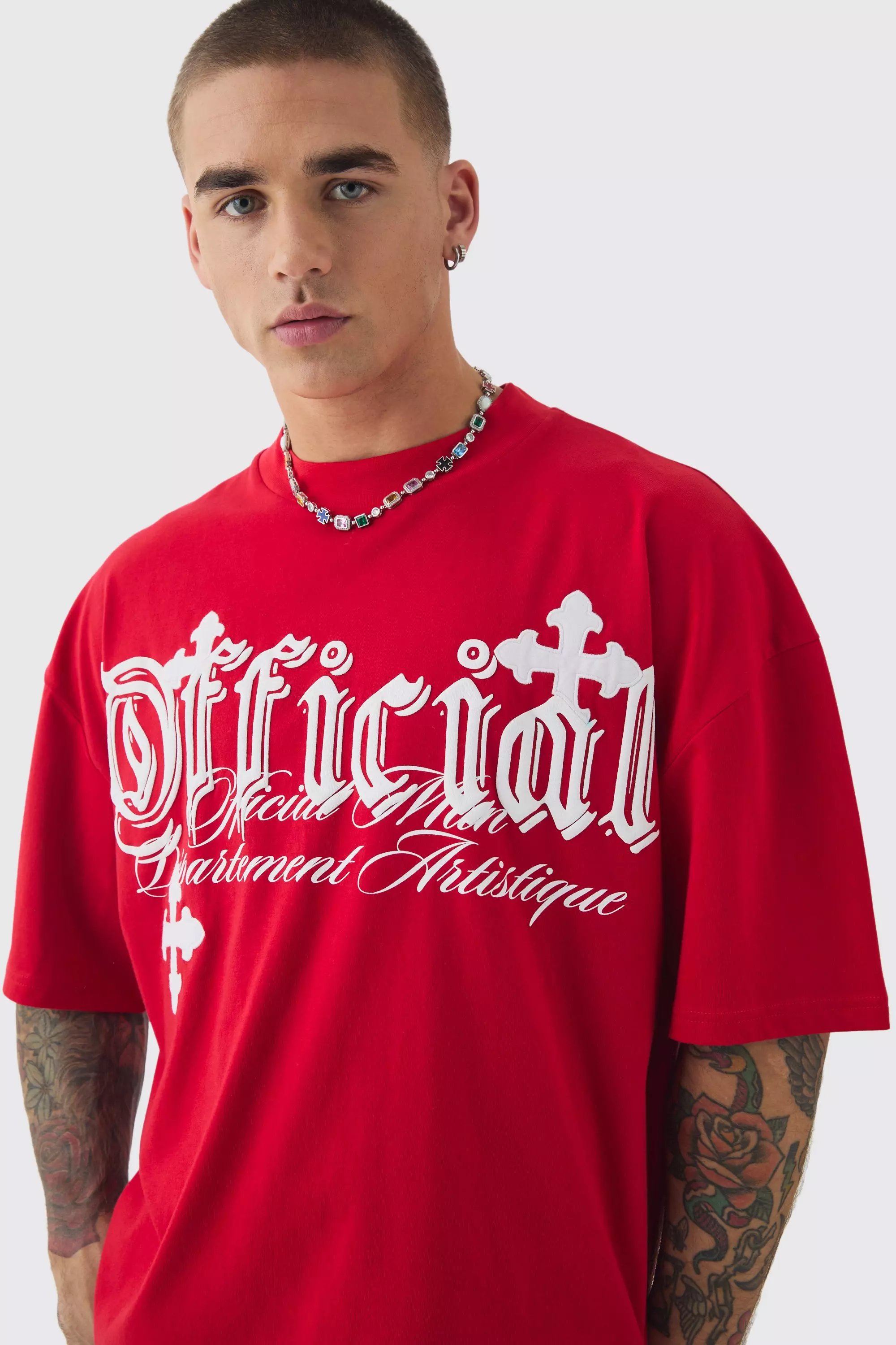 Oversized Boxy Cross Applique Distressed T-shirt | boohooMAN USA
