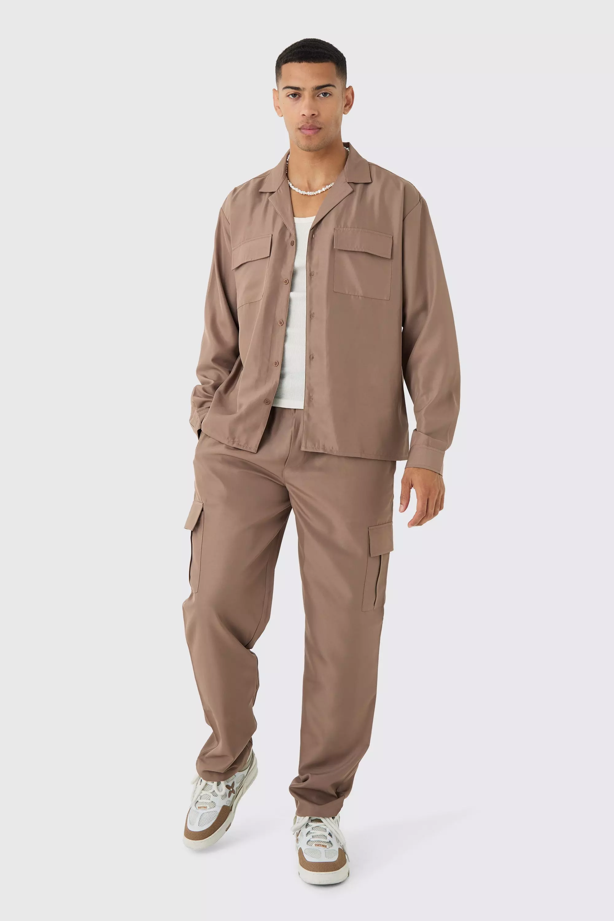 Oversized Soft Twill Cargo Shirt & Pants Set Taupe