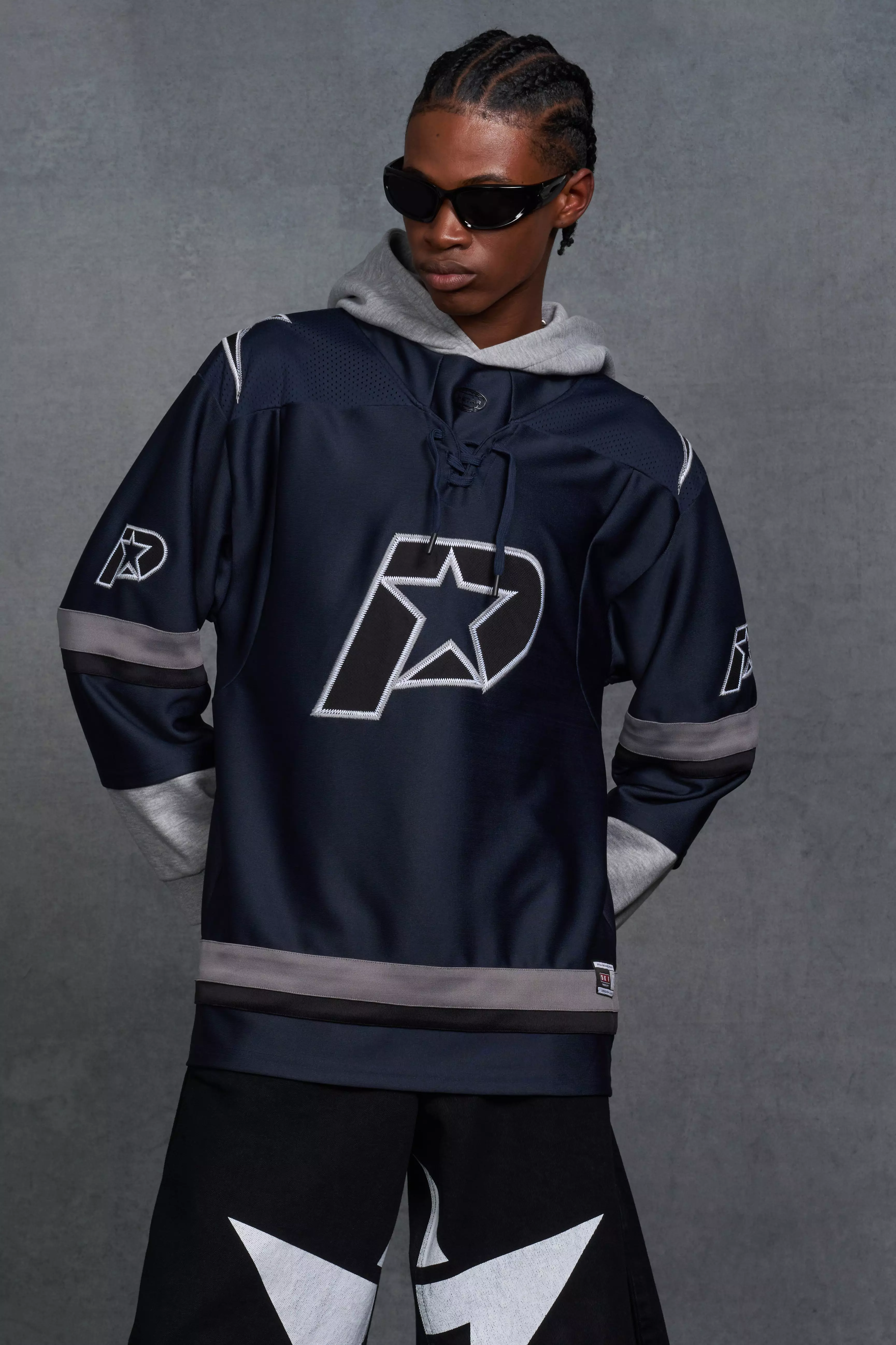 P Star Oversized Hooded Hockey Jersey with Applique boohooMAN UK