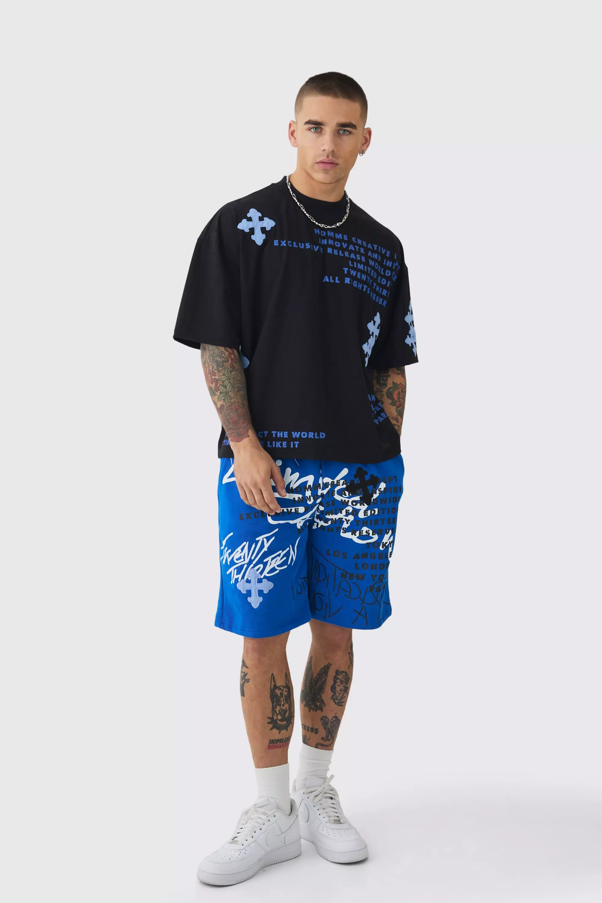 Oversized Boxy Half Sleeve Cross Applique T-shirt & Short Set Blue