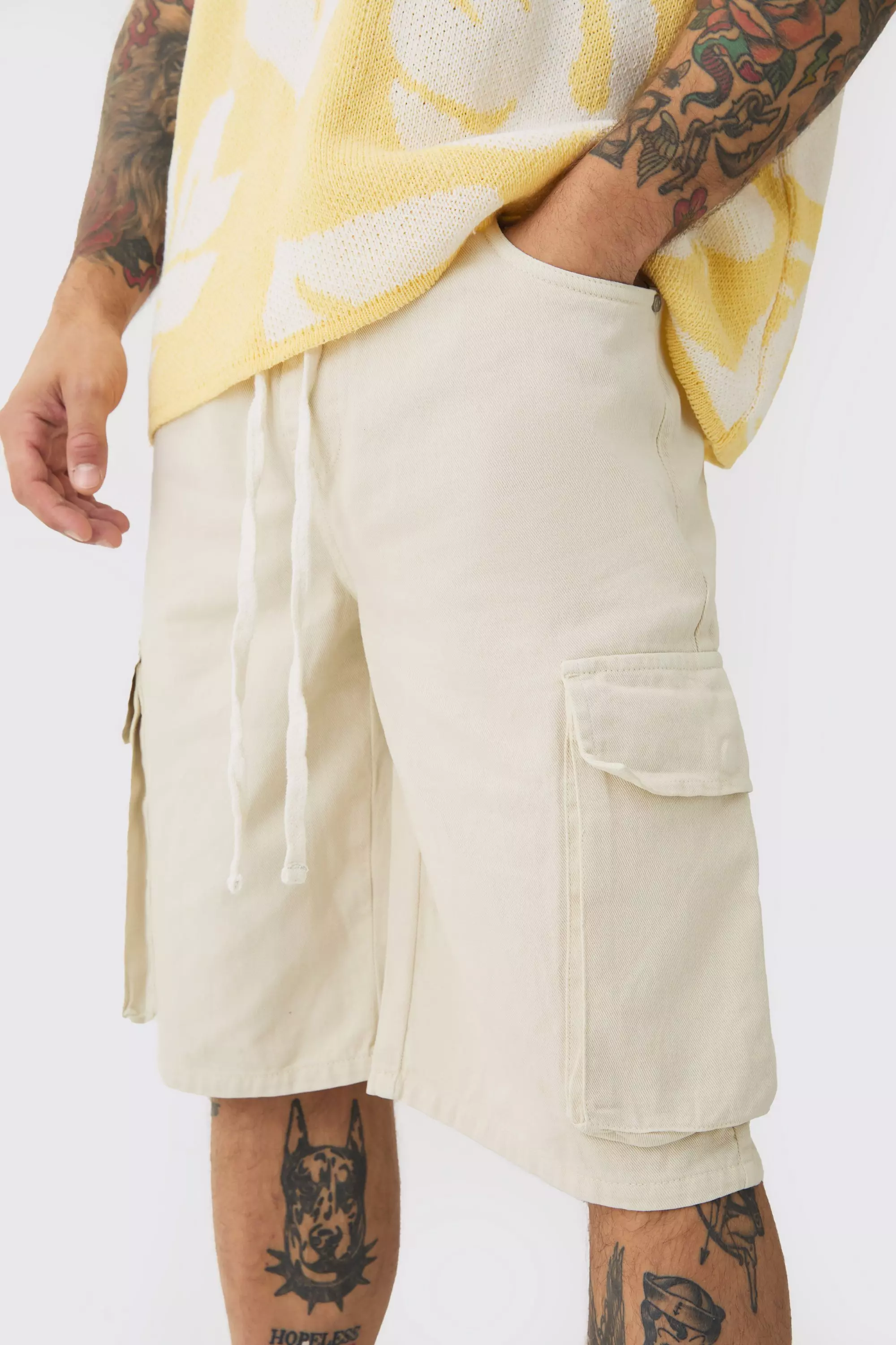 Short cargo baggy à taille élastiquée, Ecru autre image
