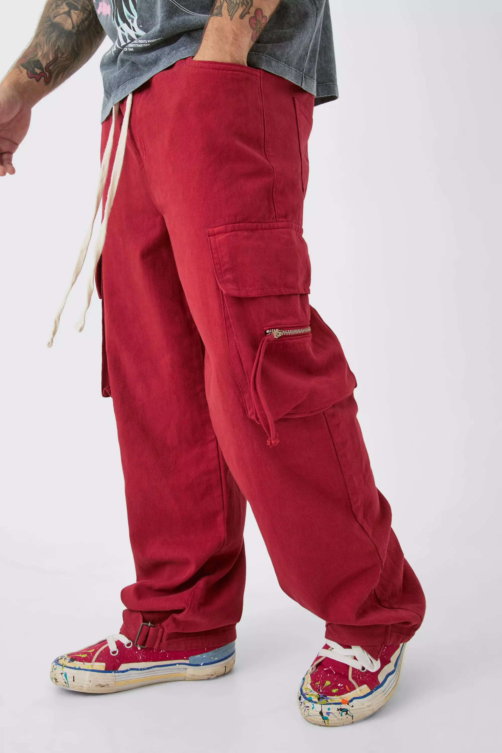 Pantalon cargo baggy à taille élastiquée, Red autre image