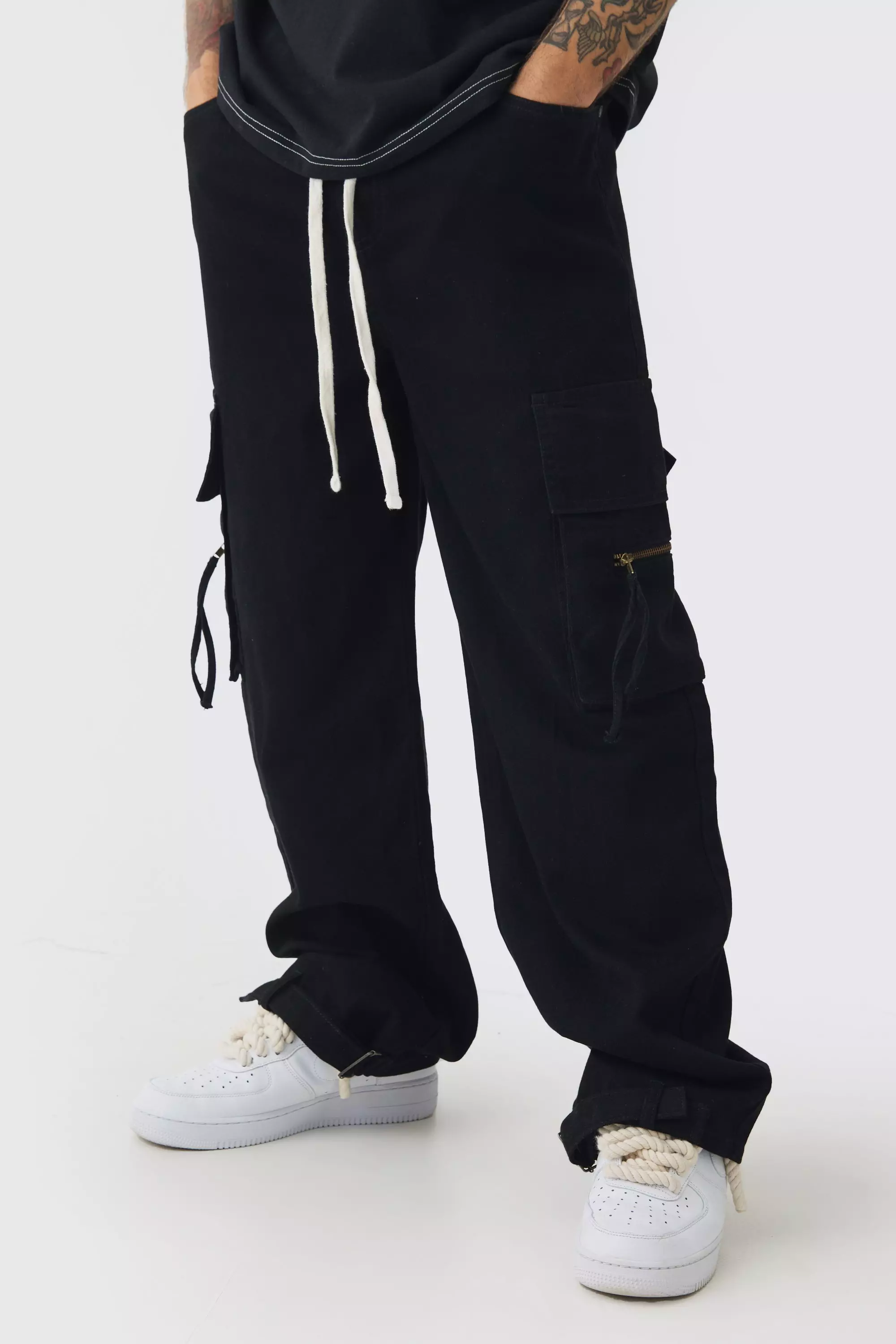 Baggy Fit Elasticated Waist Extended Drawcord Cargo Pants Black