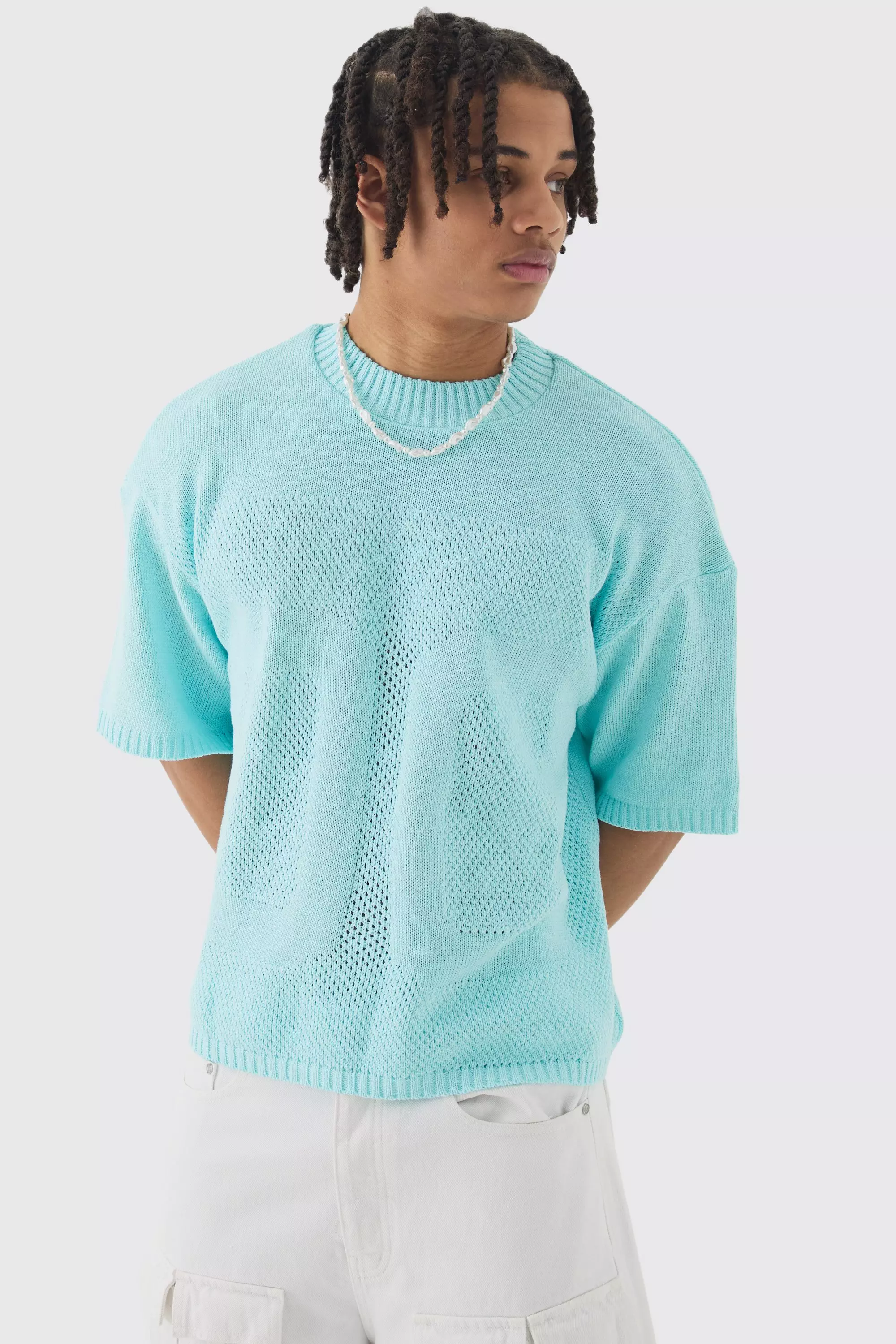 Oversized Open Stitch Tonal Varsity Knitted T-shirt Light blue