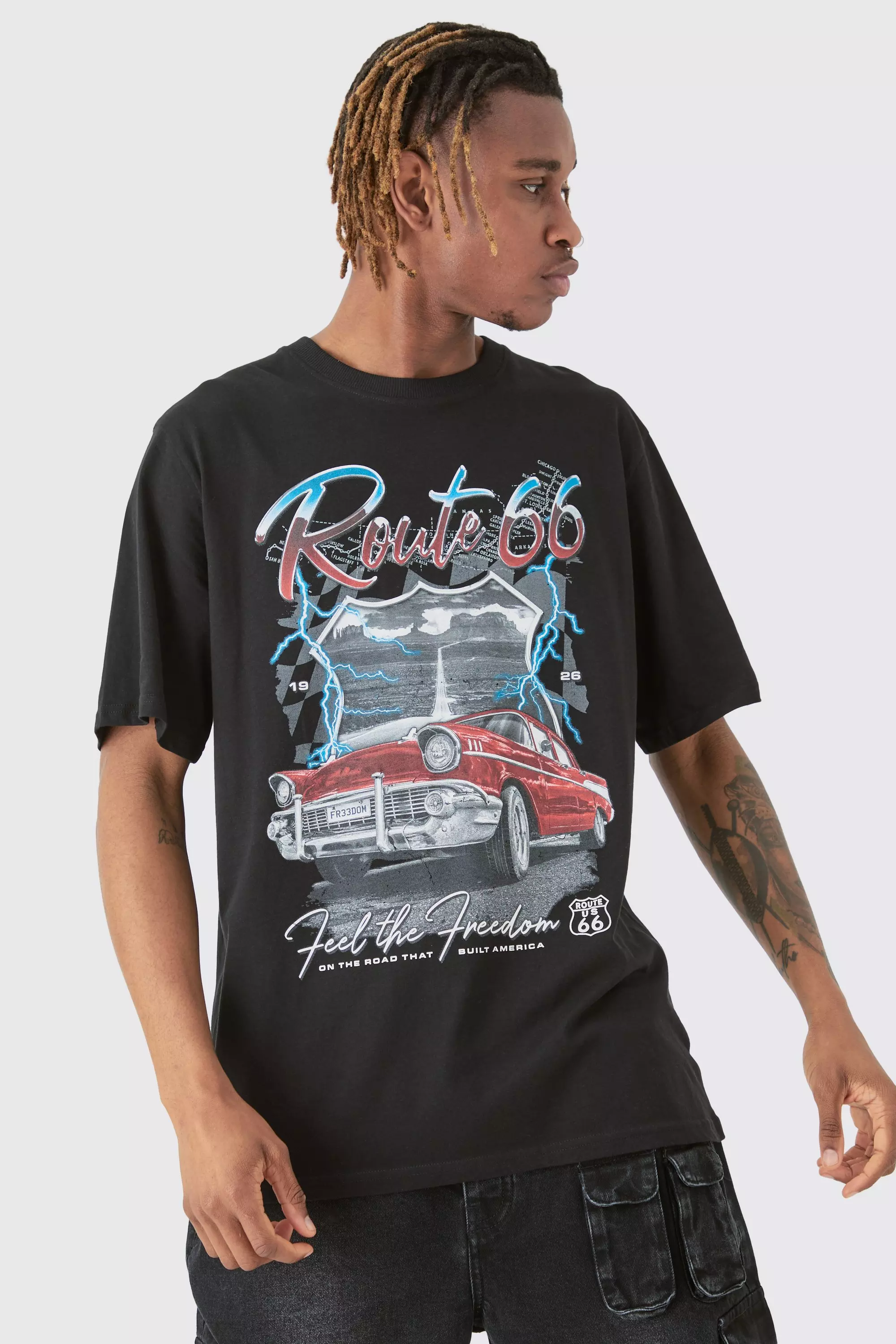 Tall Route 66 Racer Printed T-shirt In Black Black