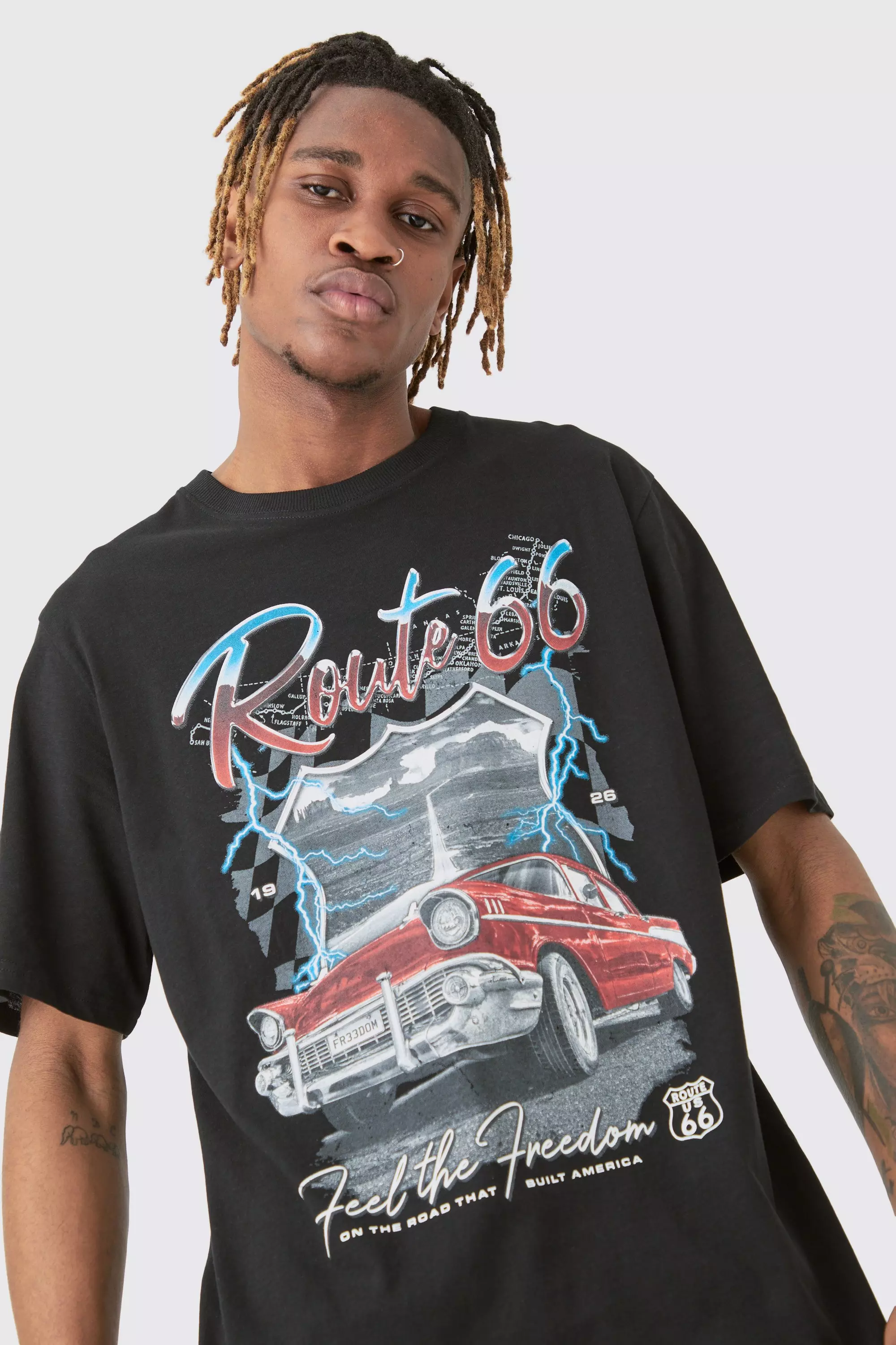 Black Tall Zwart Route 66 T-Shirt Met Racer Hals alternatieve afbeelding
