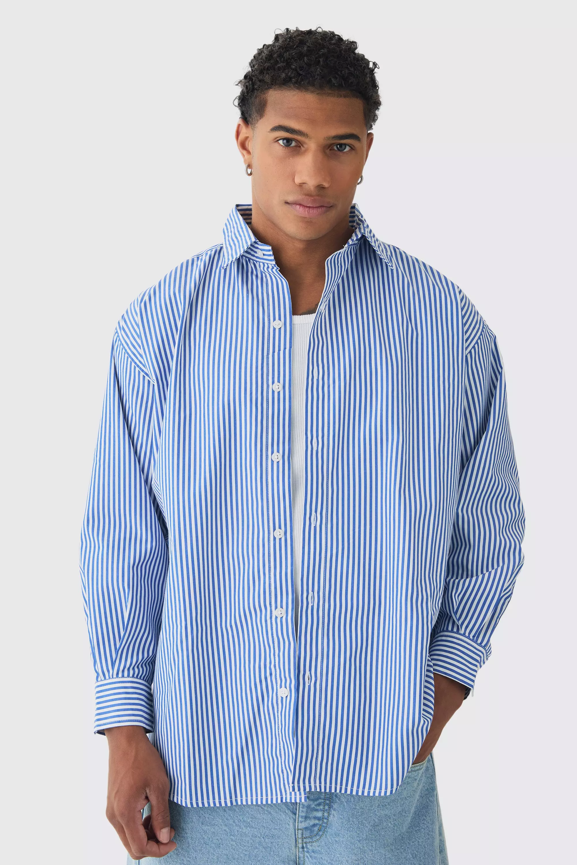 Camicia Oversize A Maniche Lunghe A Righe Blu, Blue immagine alternativa
