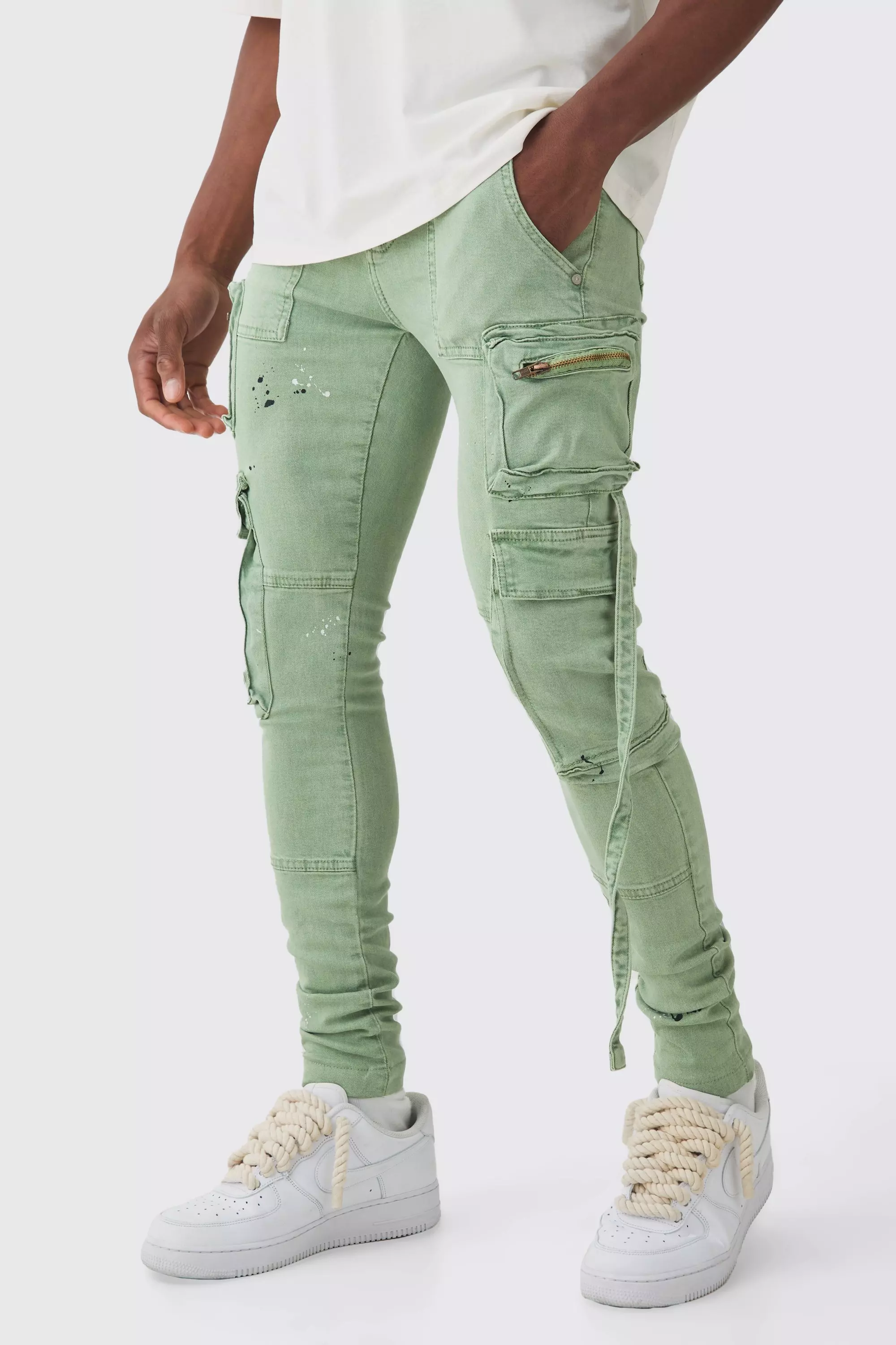 Super Skinny Stretch Strap Detail Paint Splatter Cargo Jeans Sage