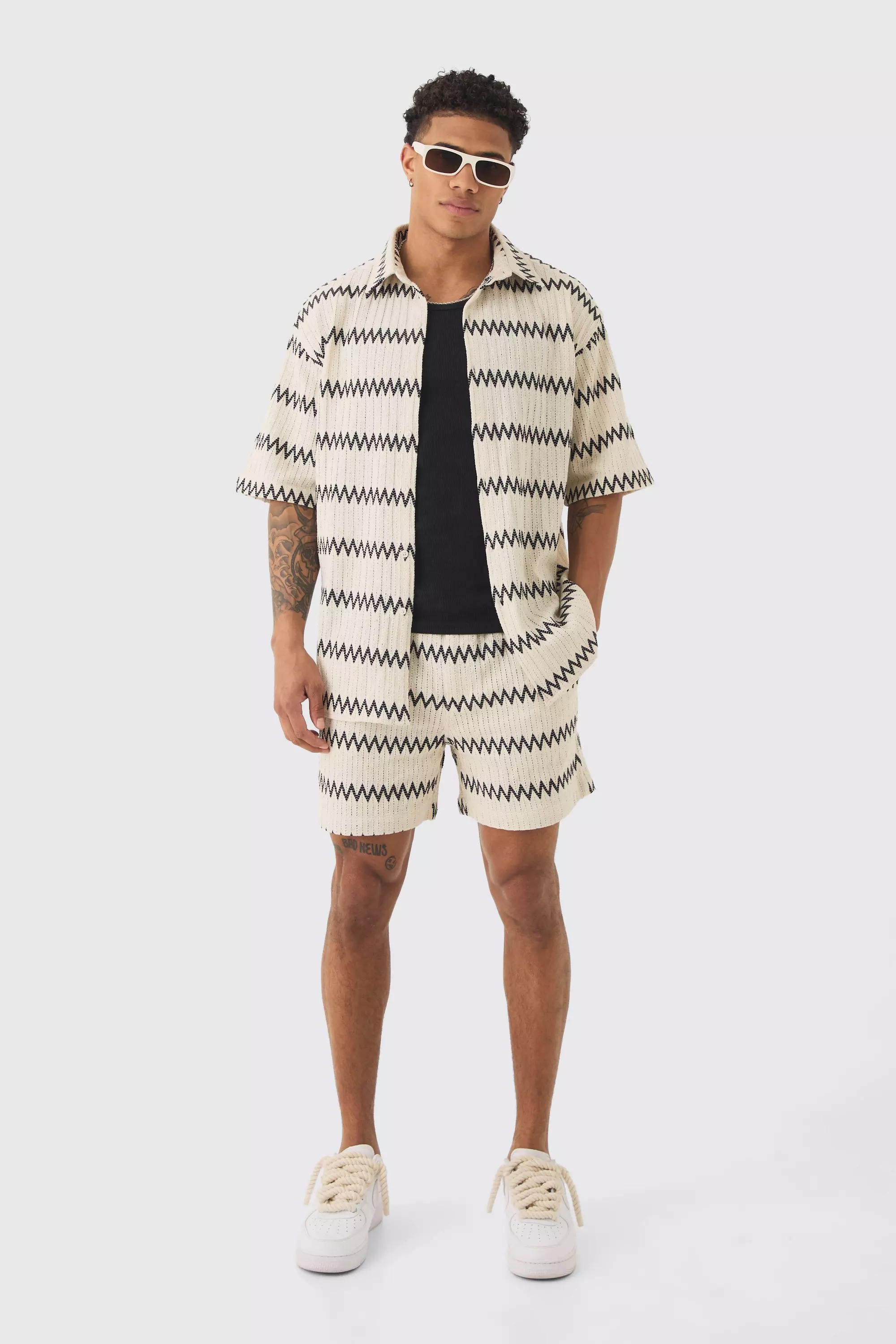 Oversized Zig Zag Woven Shirt And Short Set In Ecru Ecru