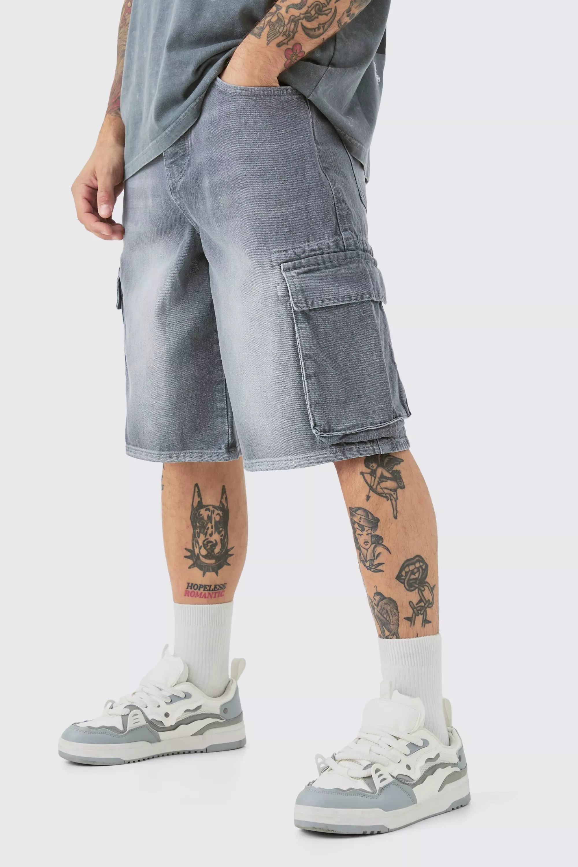 Pantaloni Tuta Regular Fit In Denim Stile Cargo, Light grey immagine alternativa