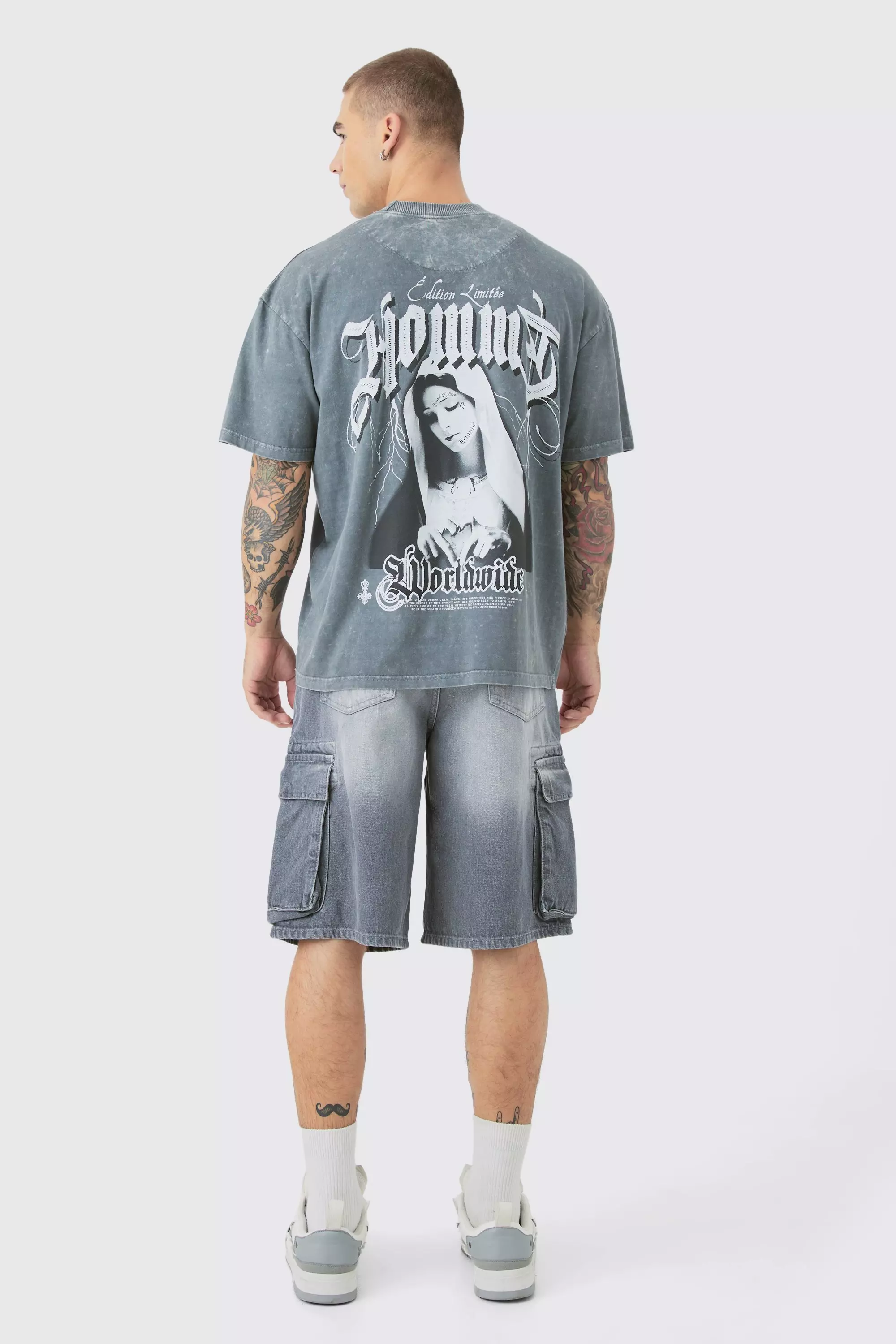 Pantaloni Tuta Regular Fit In Denim Stile Cargo, Light grey immagine alternativa