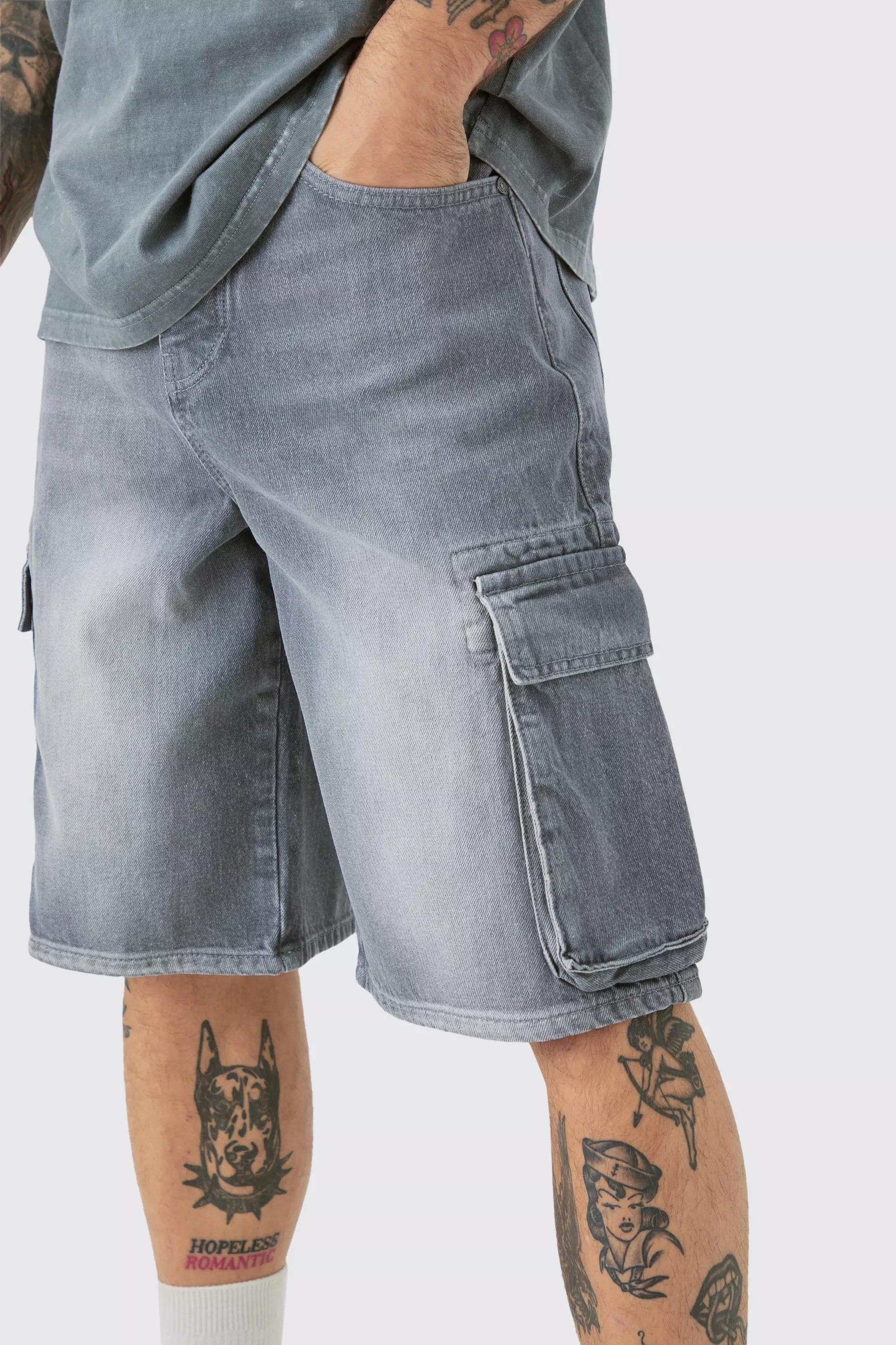 Pantaloni Tuta Regular Fit In Denim Stile Cargo, Light grey immagine alternativa