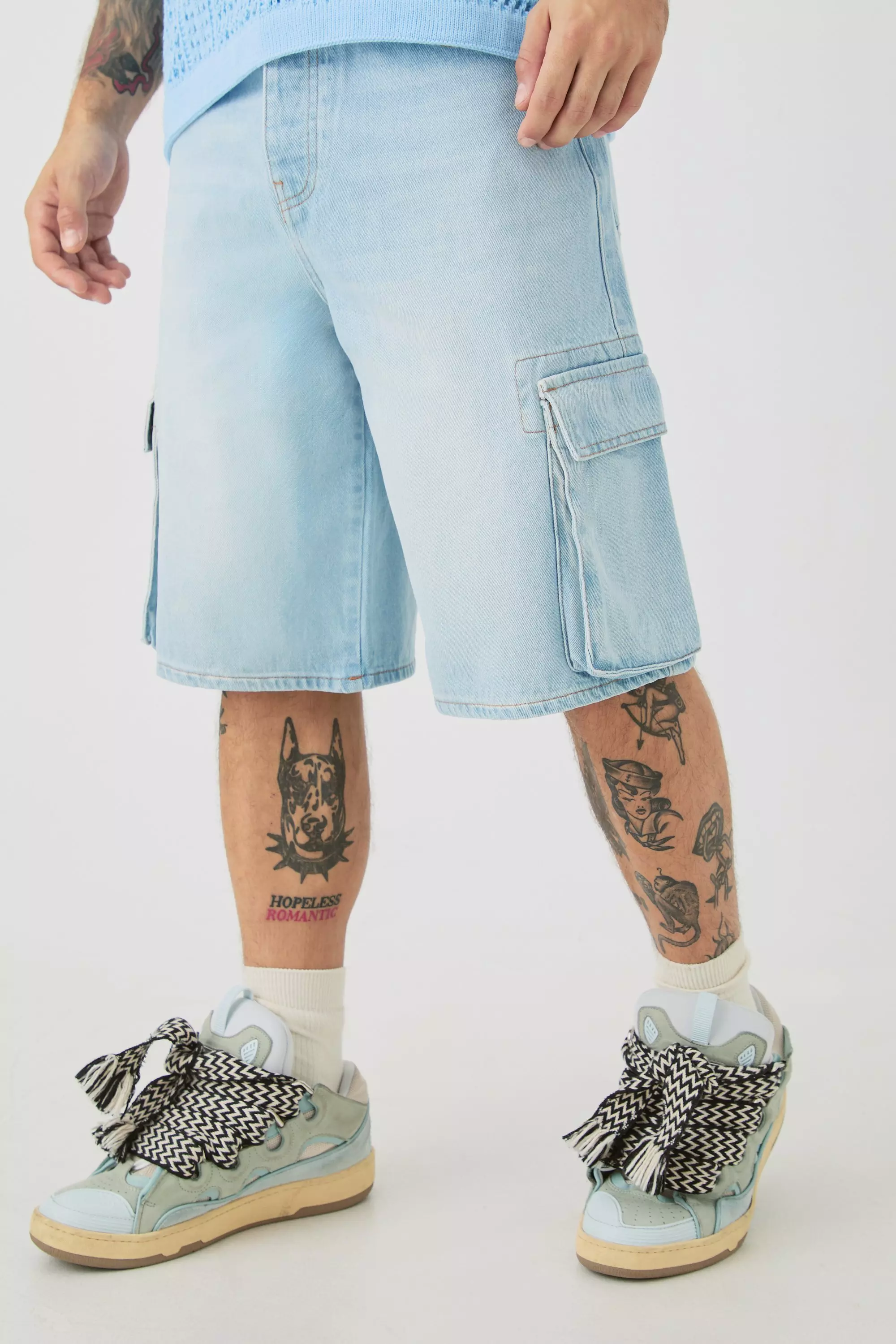 Pantaloni Tuta Regular Fit In Denim Stile Cargo, Light blue immagine alternativa