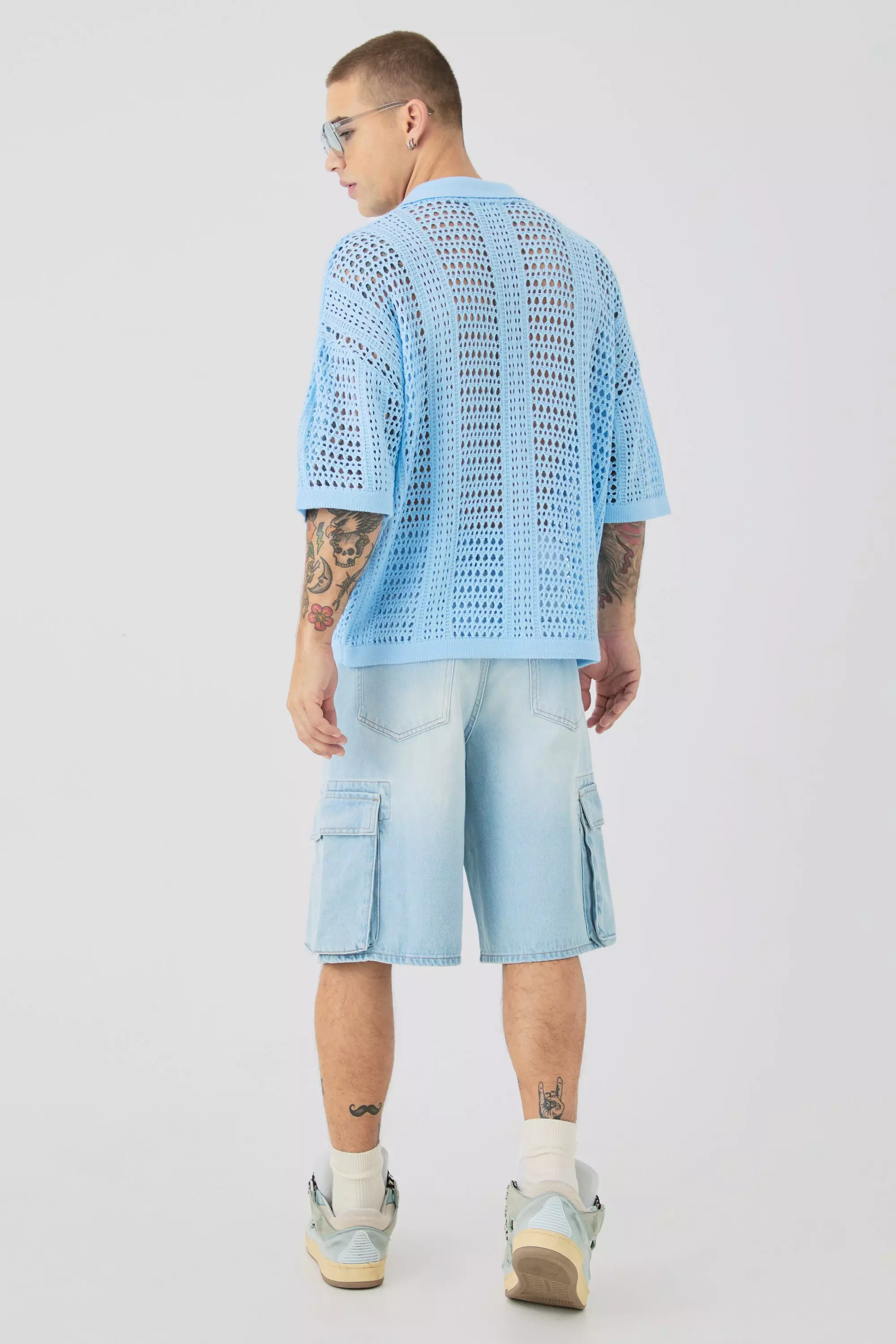 Pantaloni Tuta Regular Fit In Denim Stile Cargo, Light blue immagine alternativa