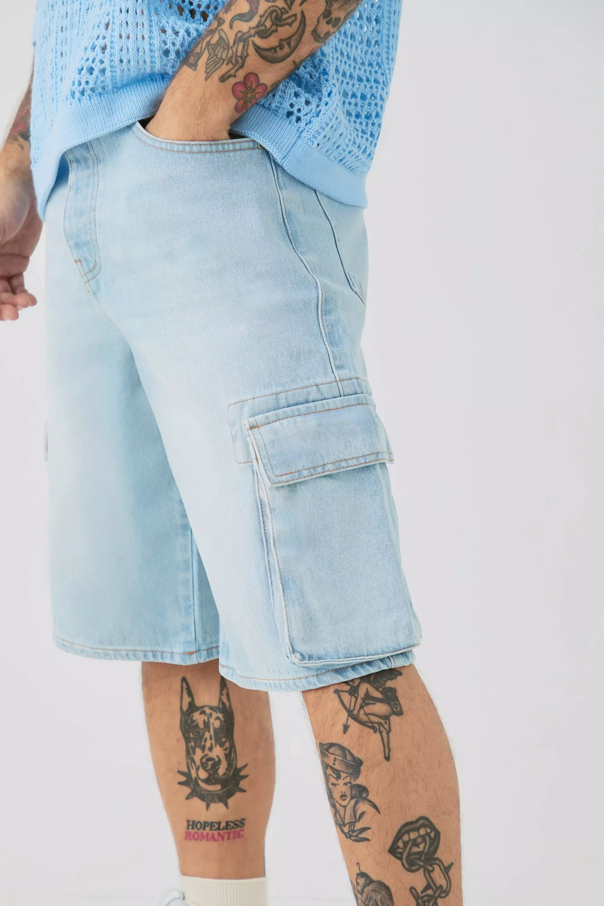 Pantaloni Tuta Regular Fit In Denim Stile Cargo, Light blue immagine alternativa