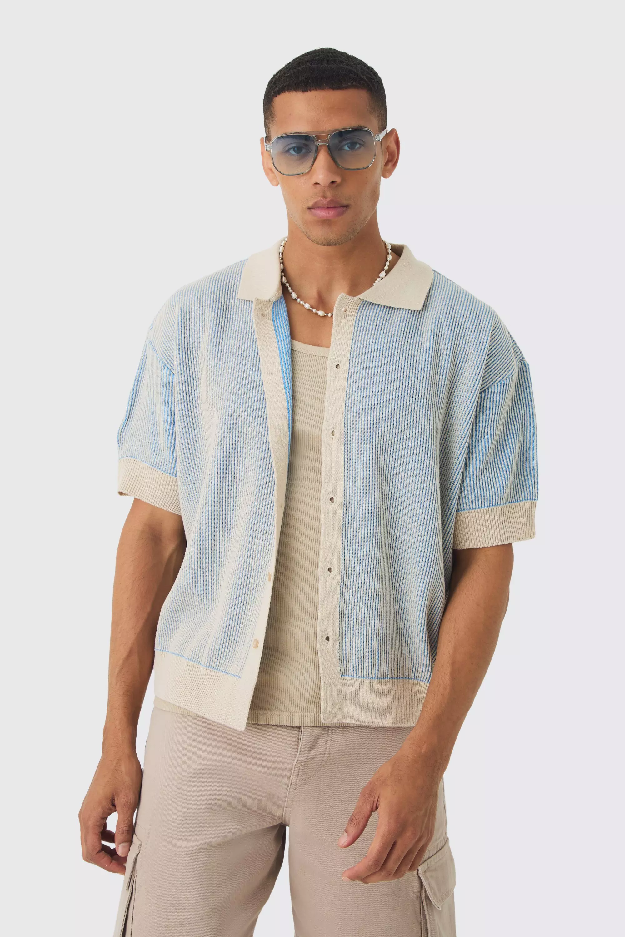 Oversized Boxy Two Tone Rib Knit Shirt | boohooMAN USA