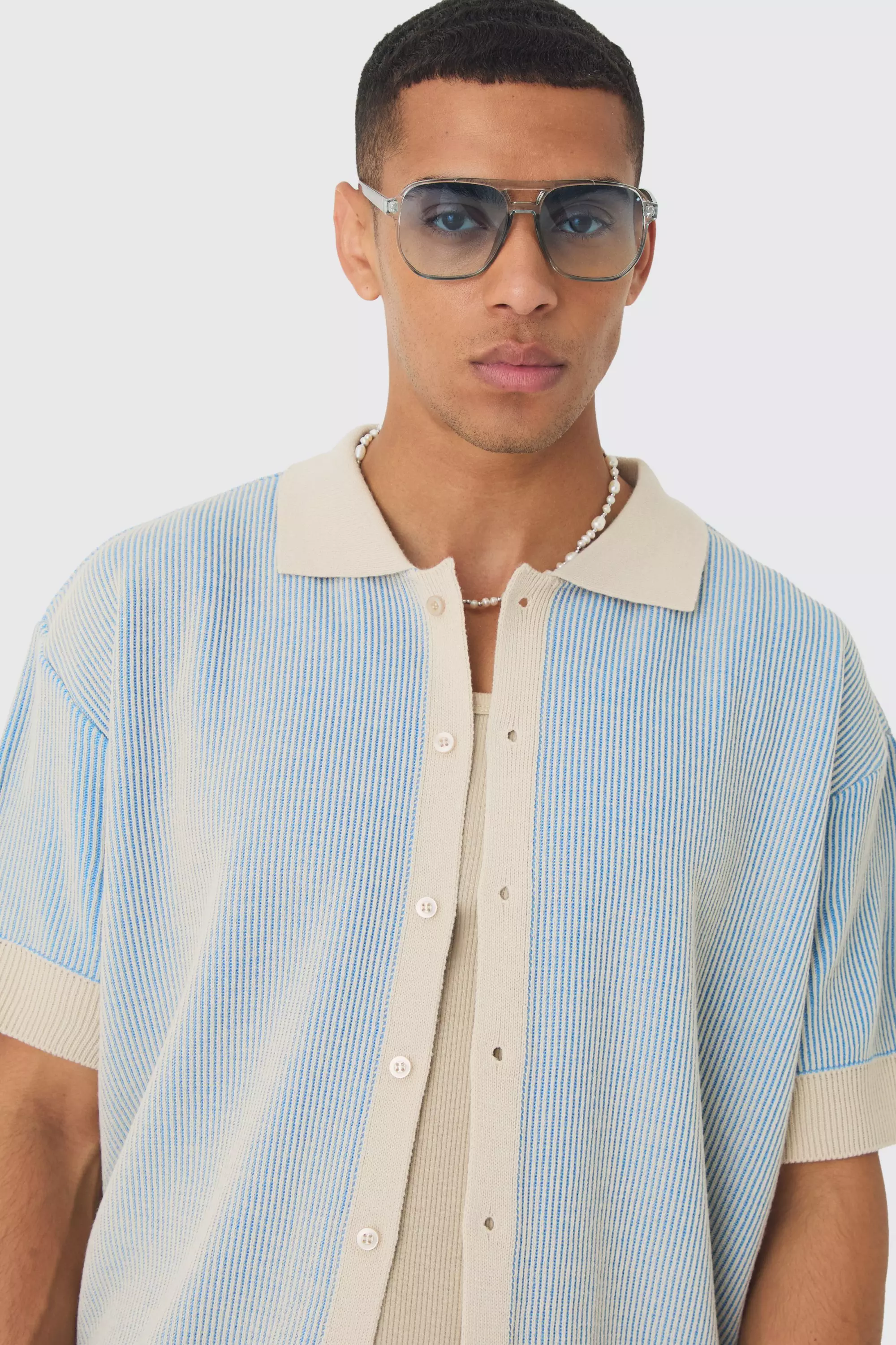 Oversized Boxy Two Tone Rib Knit Shirt | boohooMAN USA