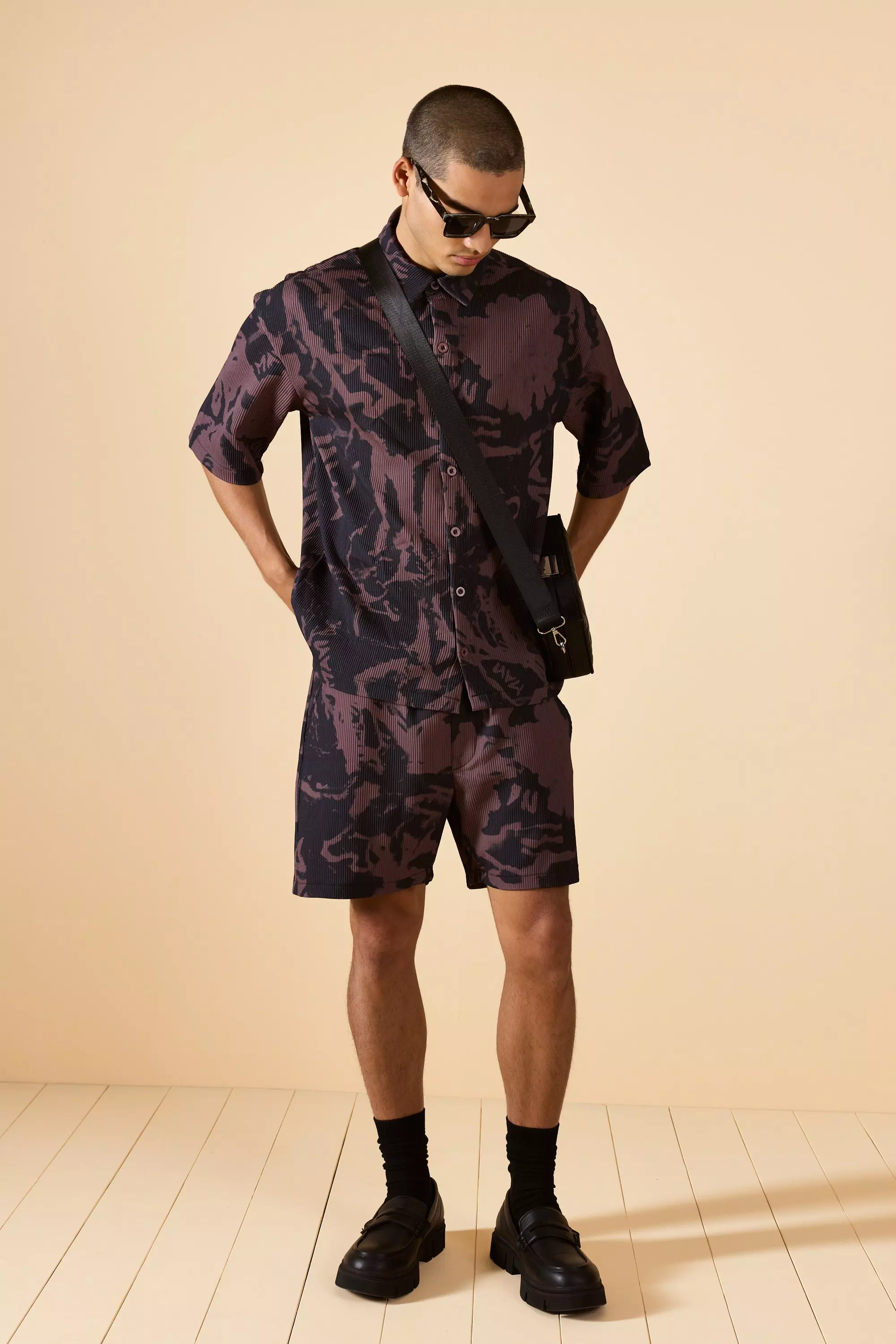 Chocolate Brown Oversized Pleated Abstract Print Shirt & Short Set