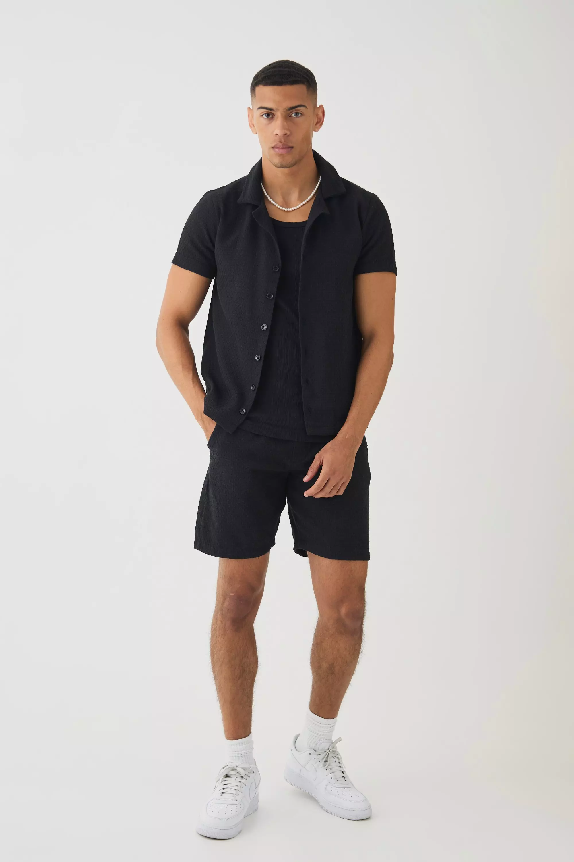 Jacquard Woven Shirt & Short Set Black