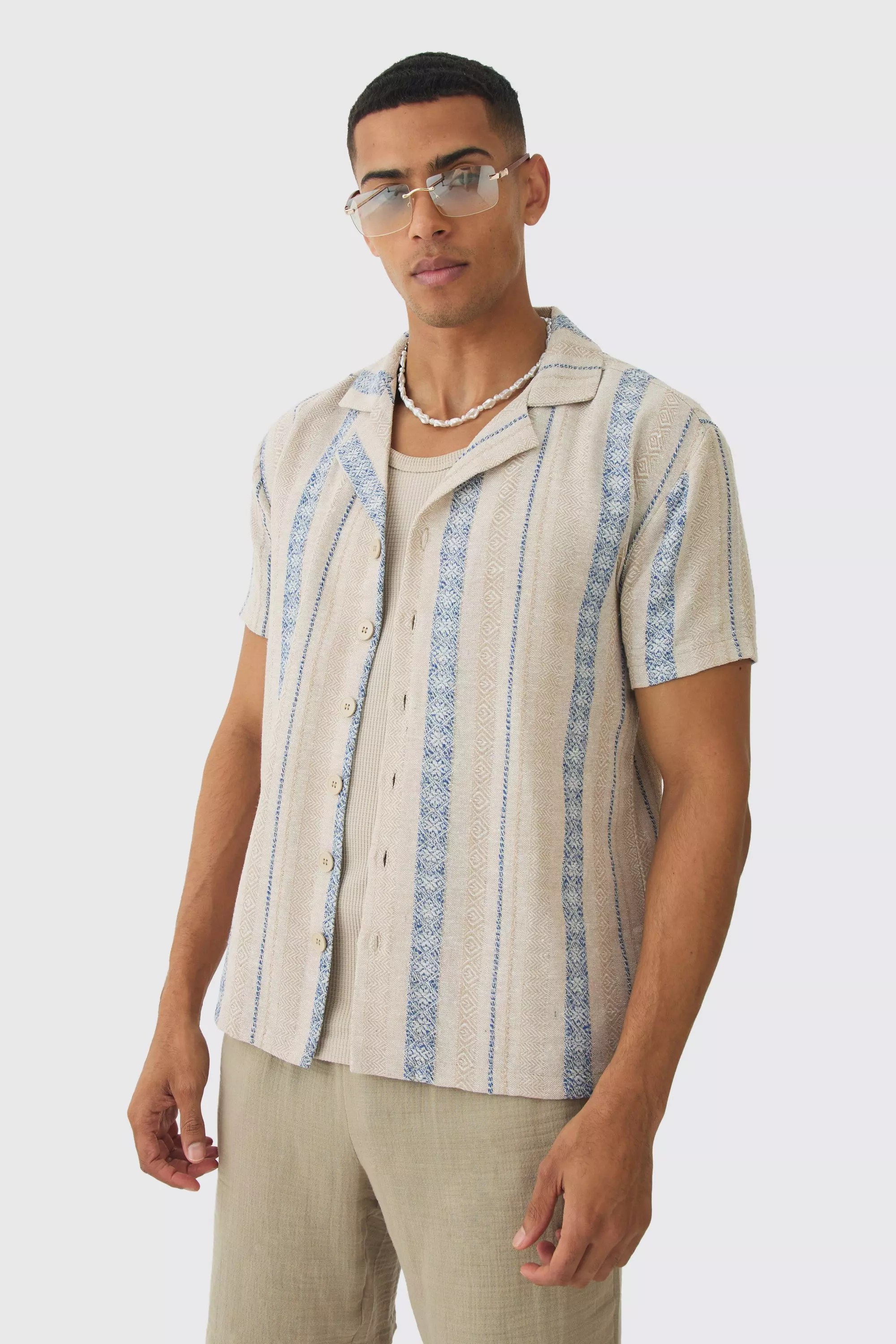 Blue Linen Look Revere Stripe Shirt