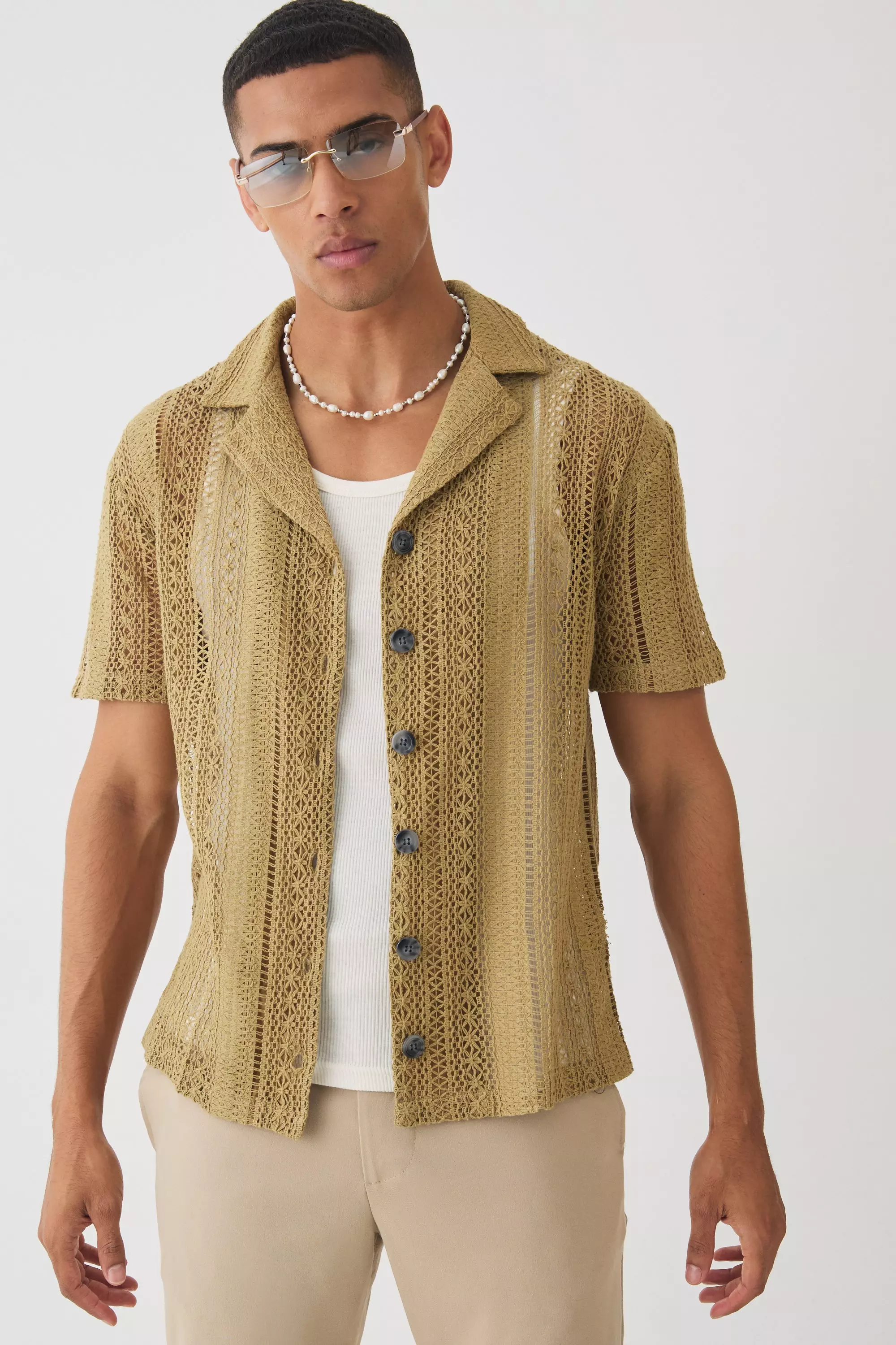 Open Weave Crochet Shirt Khaki