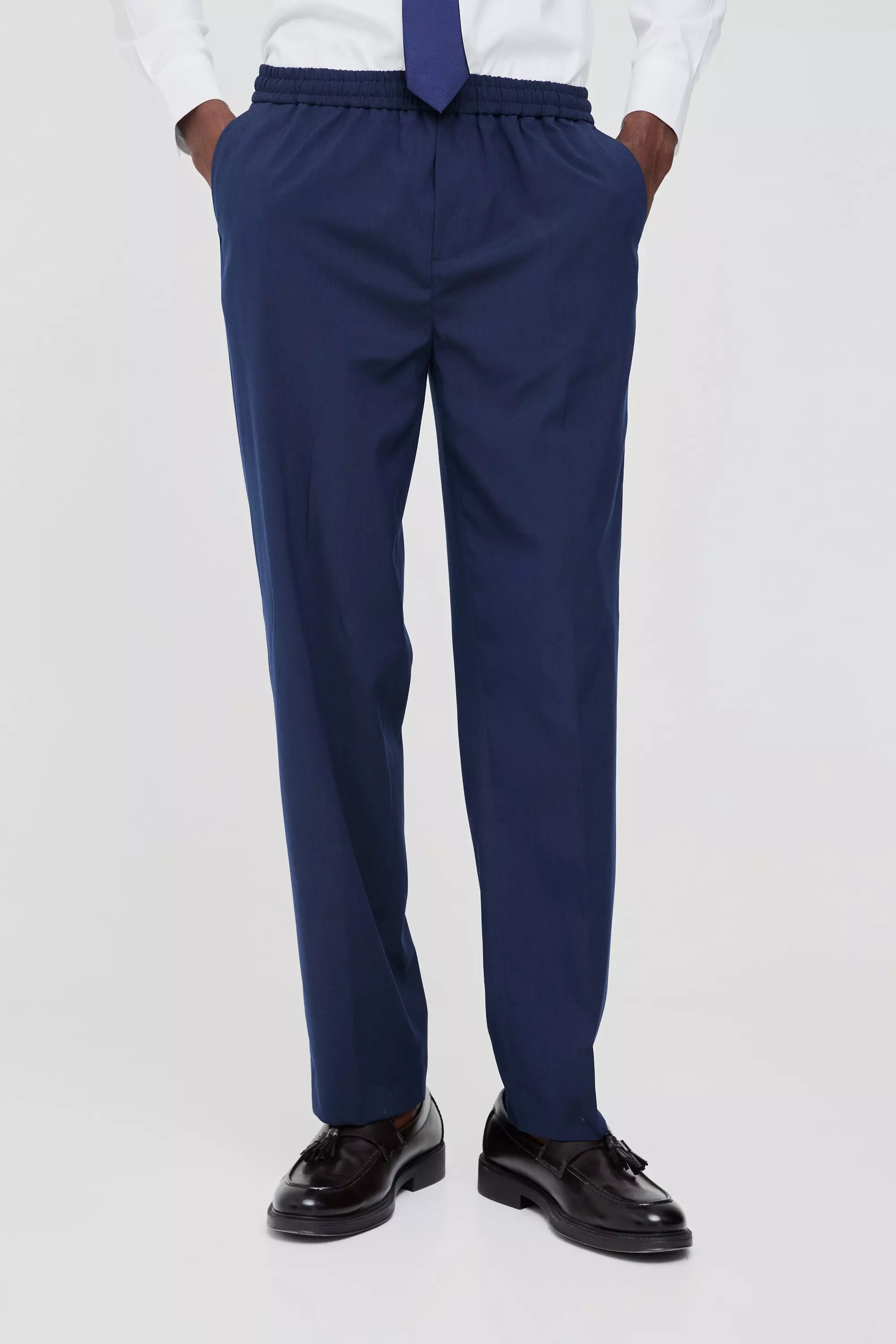 Navy Elastic Waist Straight Fit Tailored Pants