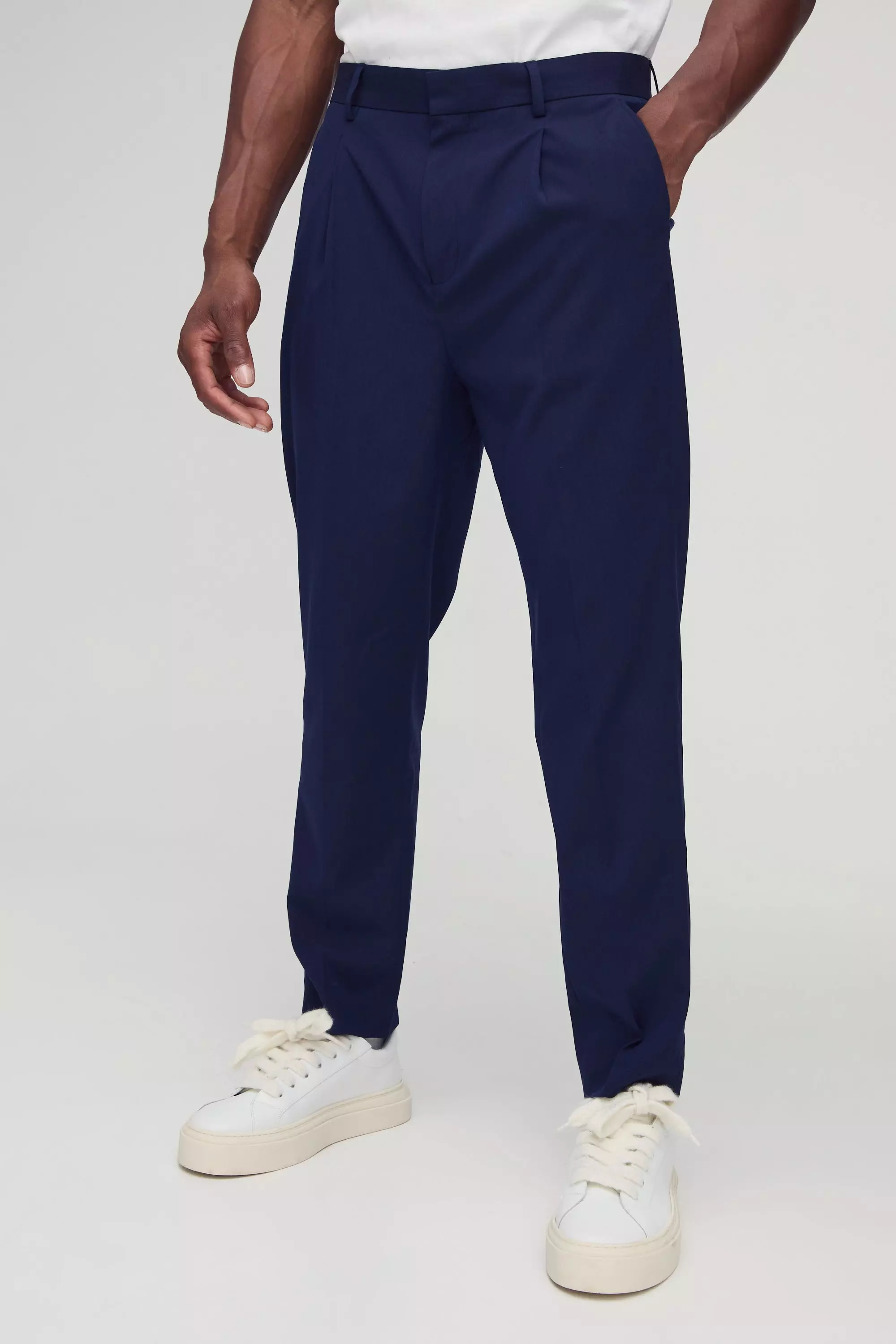 Navy Fixed Waist Pleat Front Tapered Tailored Pants