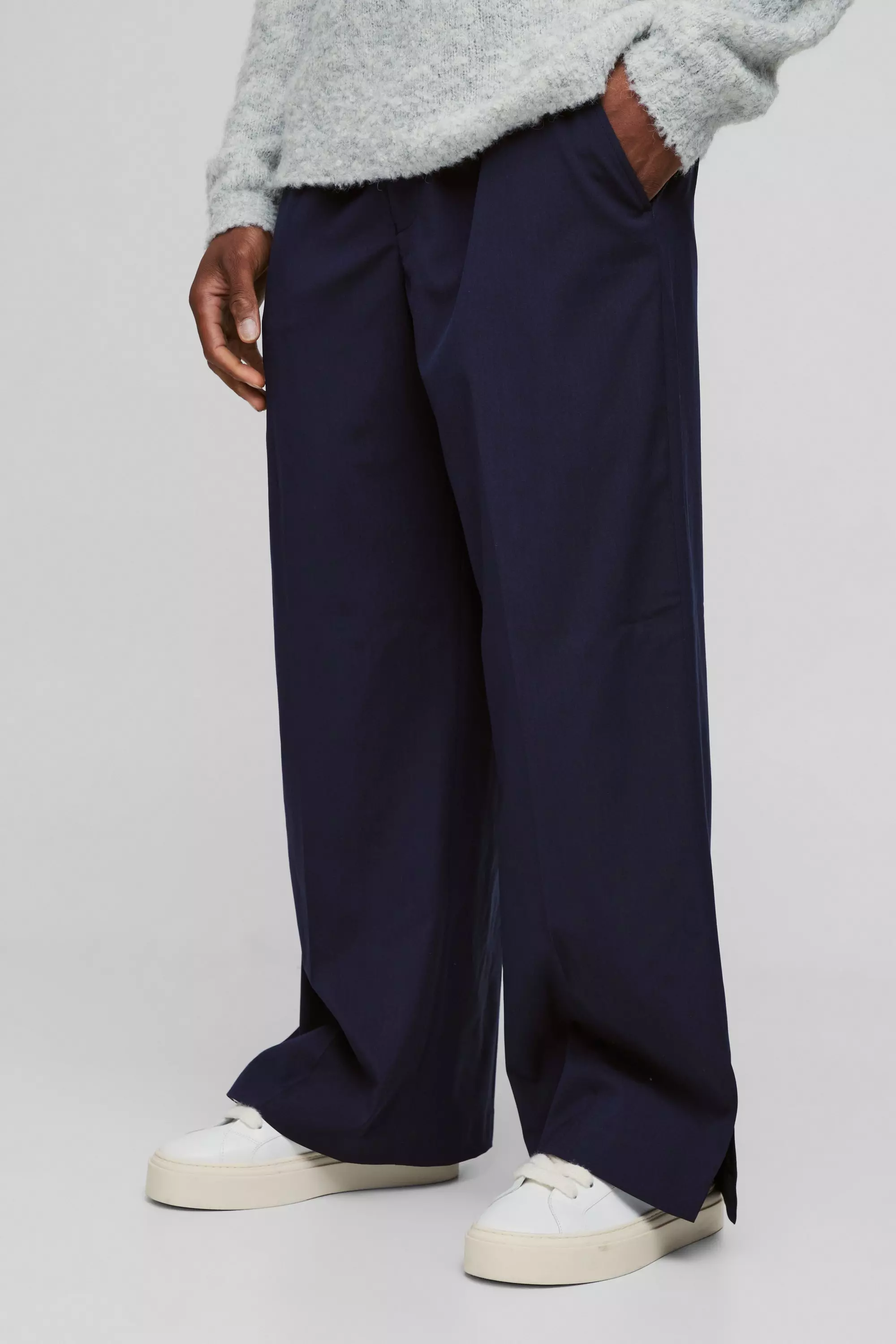 Navy Elastic Waist Split Hem Wide Leg Tailored Trousers alternative image