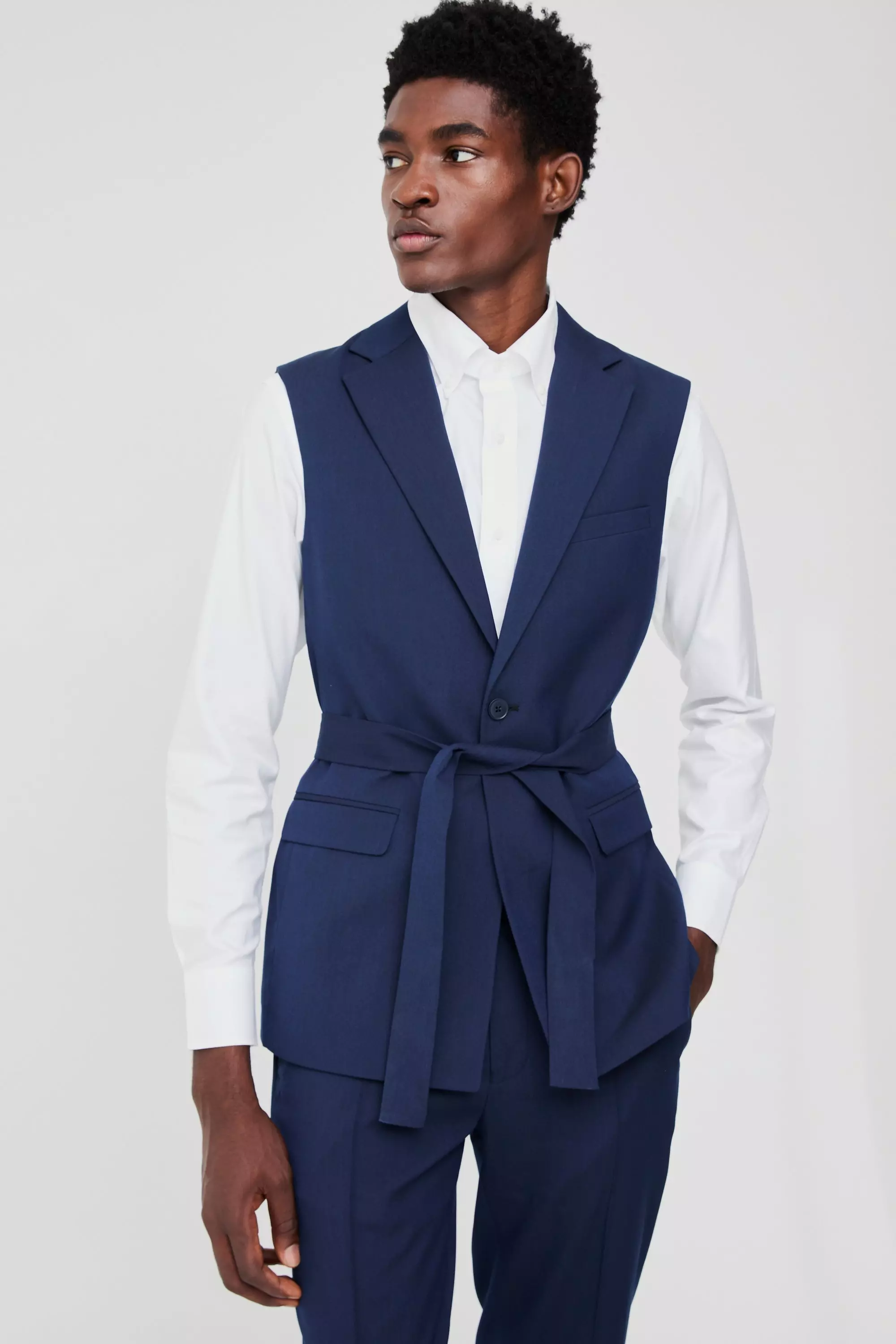 Single Breasted Sleeveless Suit Jacket Navy