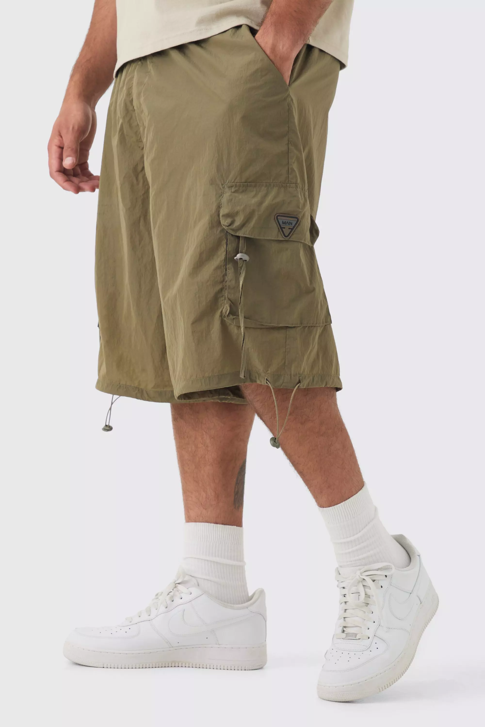 Plus Crinkle Nylon Cargo Parachute Shorts In Khaki Khaki