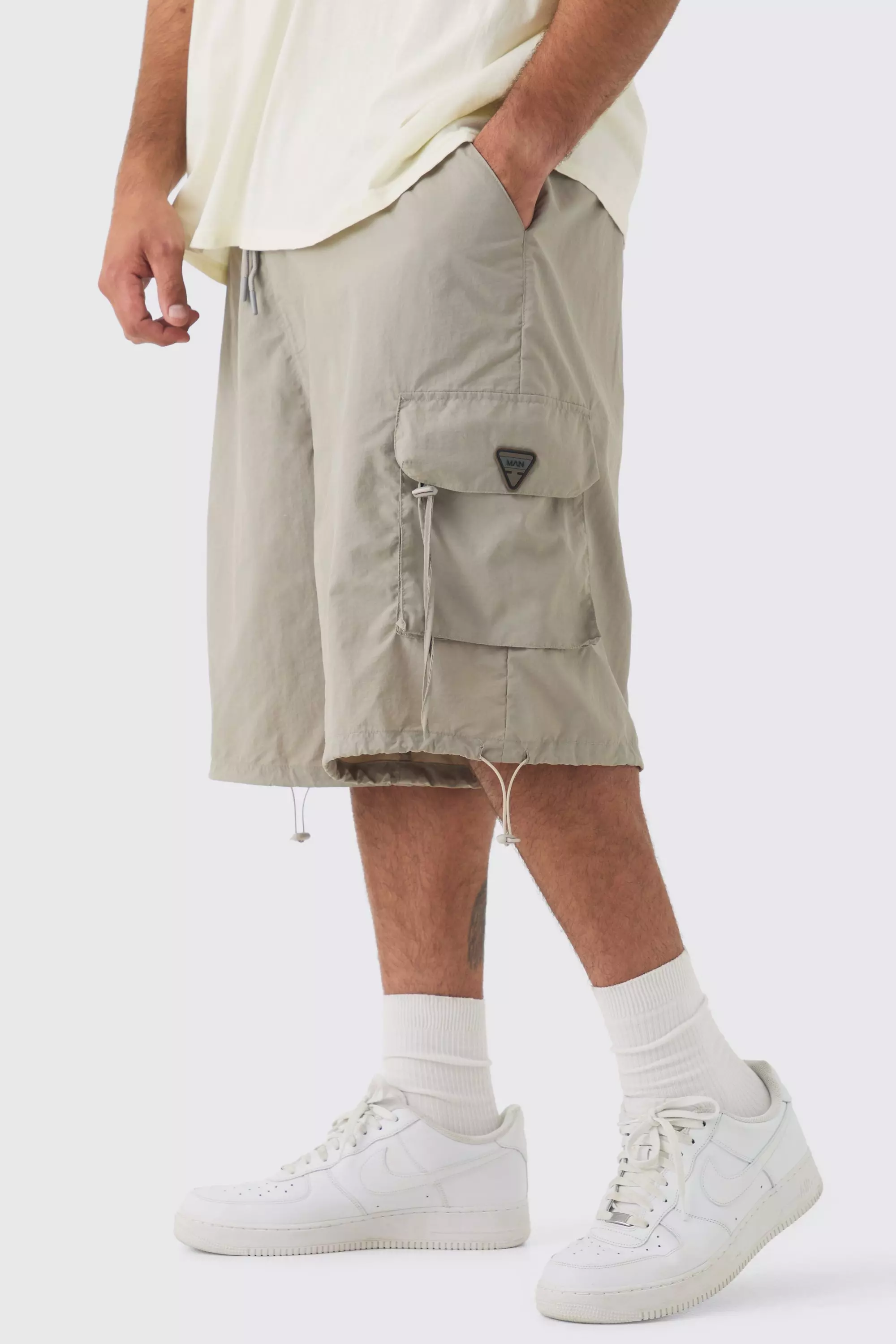 Plus Crinkle Nylon Cargo Parachute Shorts In Stone Stone