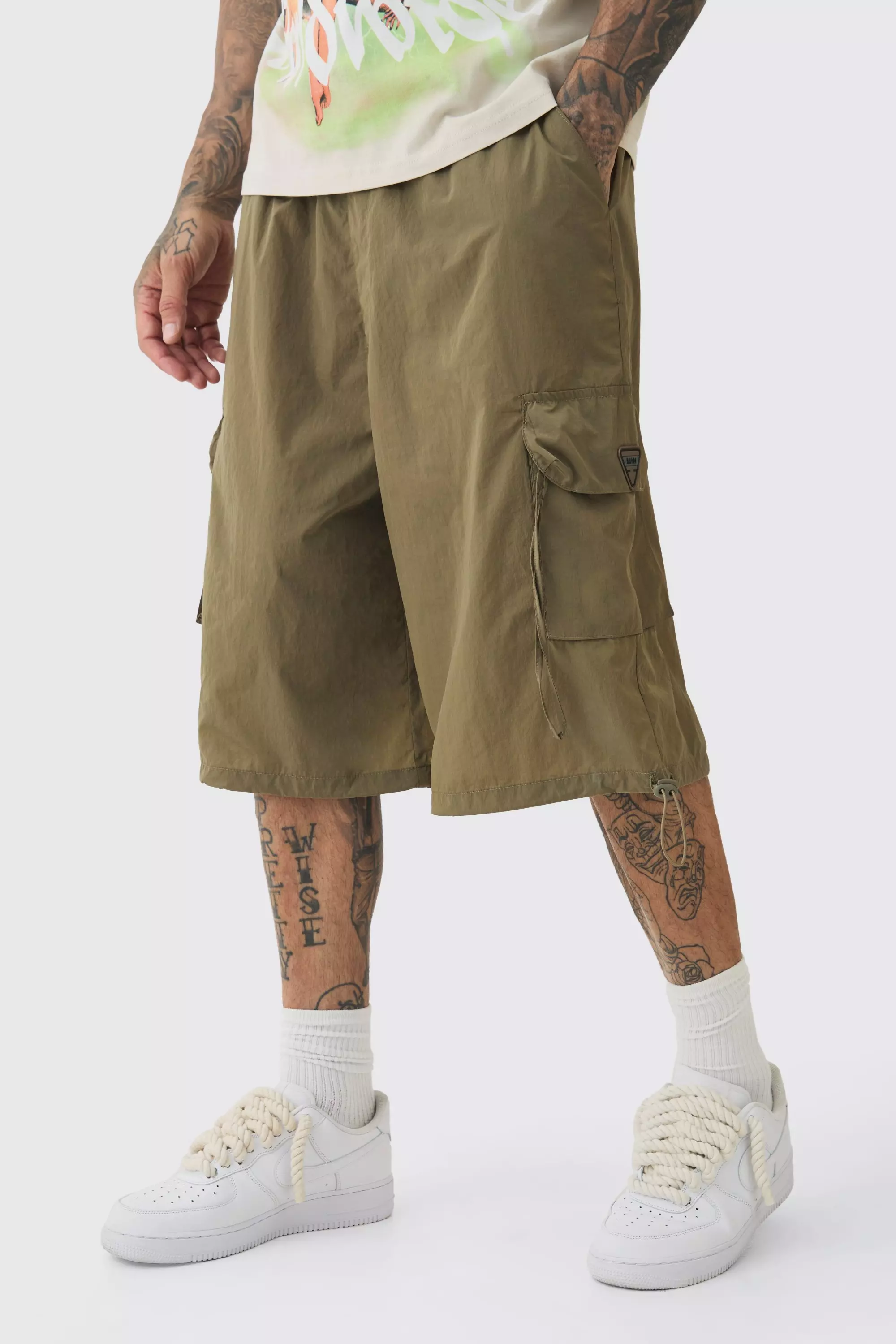 Tall Crinkle Nylon Cargo Parachute Shorts In Khaki Khaki