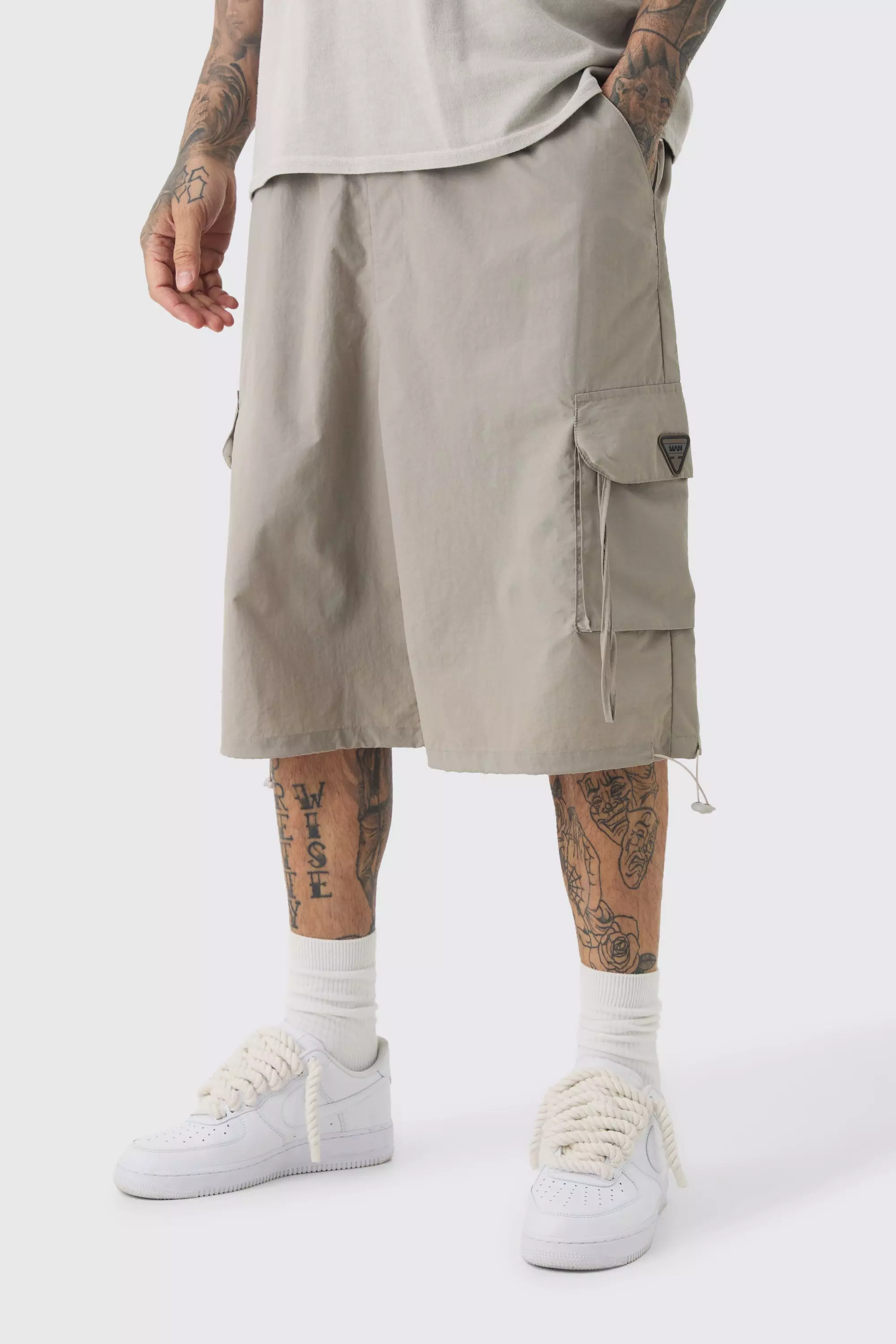 Tall Crinkle Nylon Cargo Parachute Shorts In Stone Stone