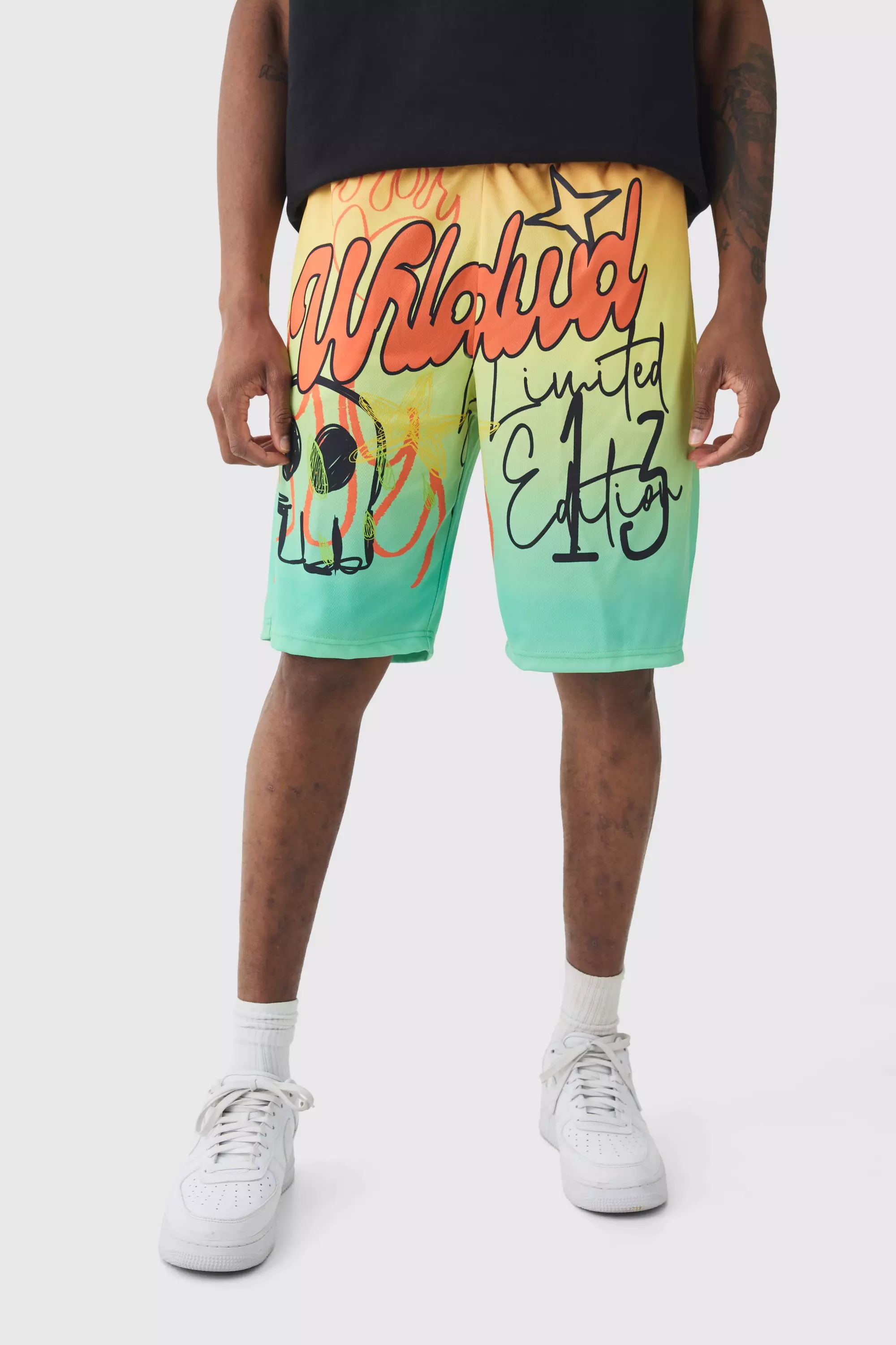 Orange Tall Worldwide Graffiti Mid Length Mesh Basketball Shorts