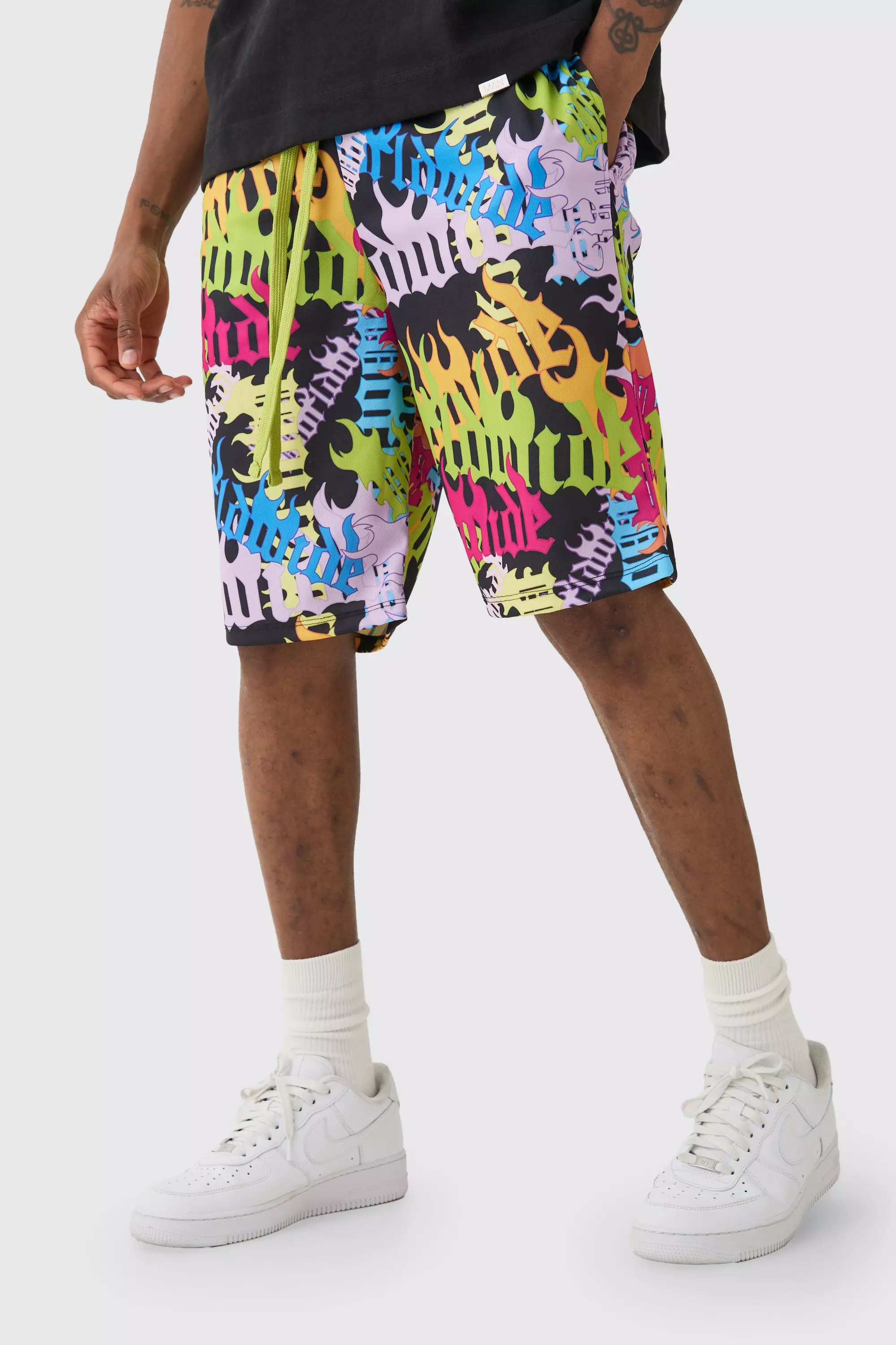 Tall Worldwide Graffiti Mid Length Mesh Basketball Shorts boohooMAN UK