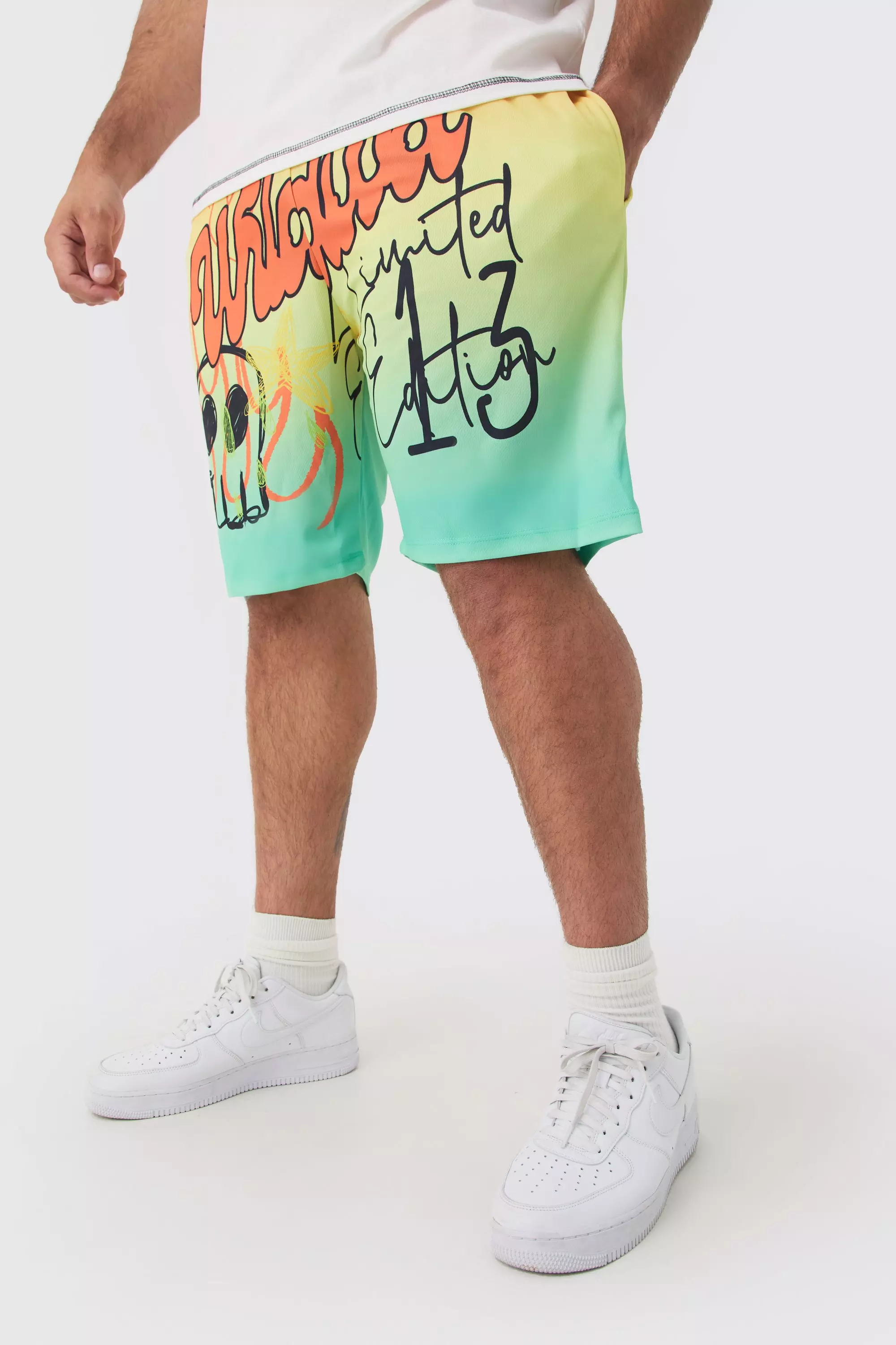 Orange Plus Worldwide Graffiti Mid Length Mesh Basketball Shorts