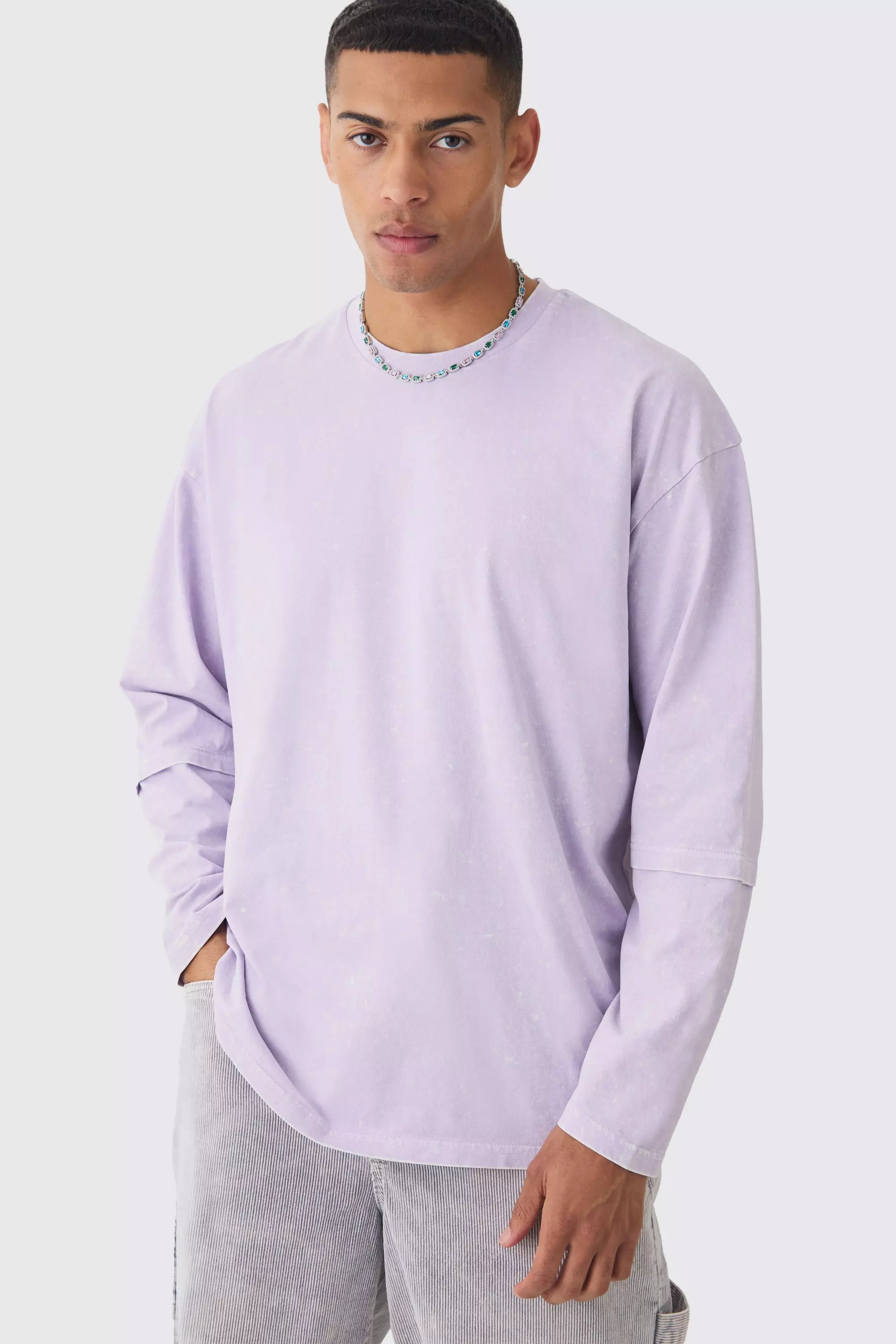 Oversized Half Faux Layer Oil Wash T-shirt Lilac