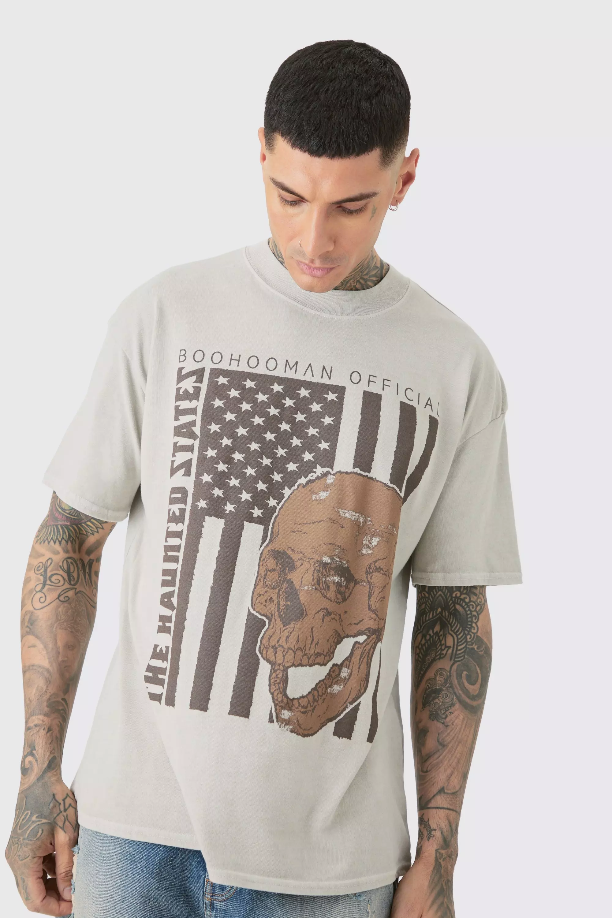 Stone Beige Oversized US Flag Skull Print Wash T-shirt