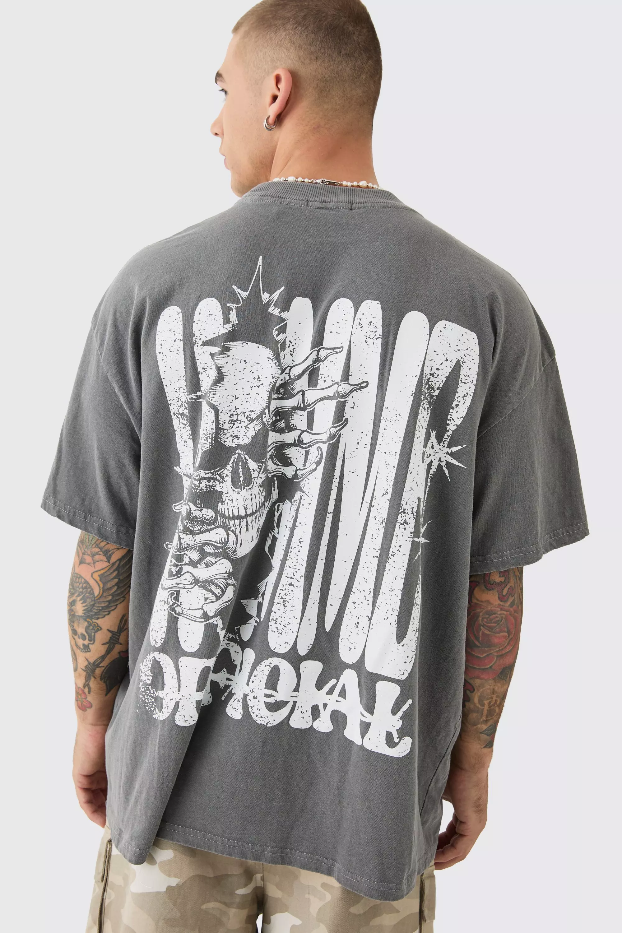 Oversized Extended Neck Skeleton Homme Back Print T-shirt Charcoal