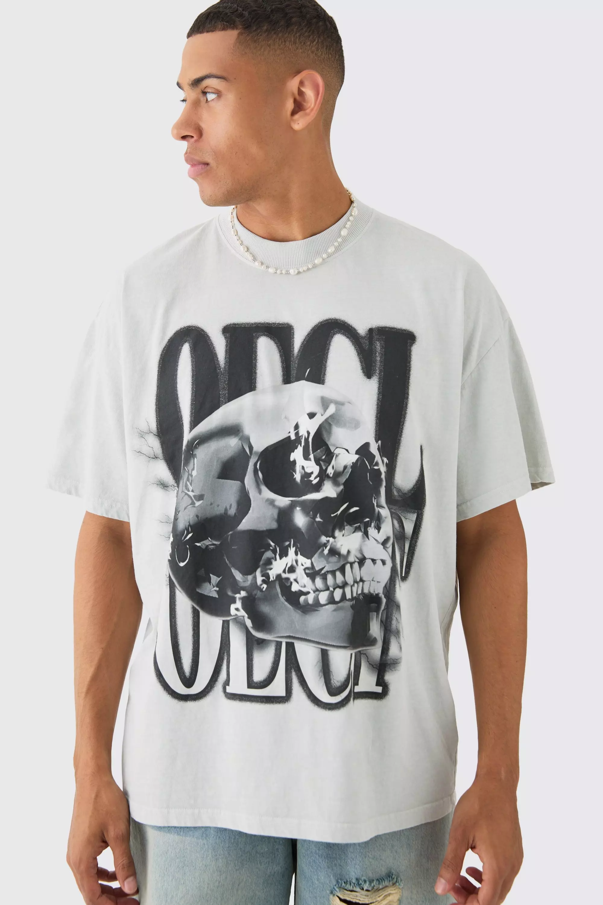 Grey Oversized OFCL Skull Print Wash T-shirt