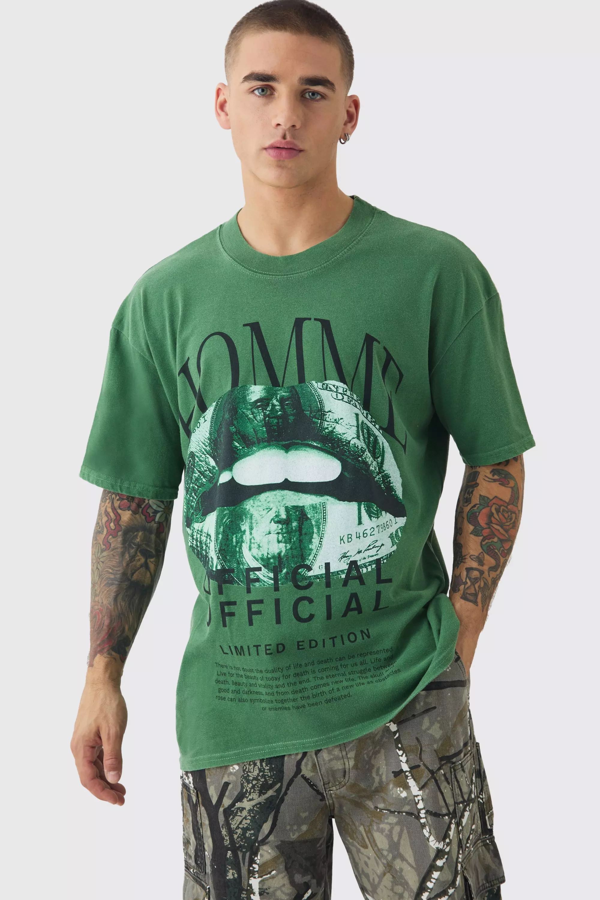 Loose Washed Money Lip Print T-shirt Green