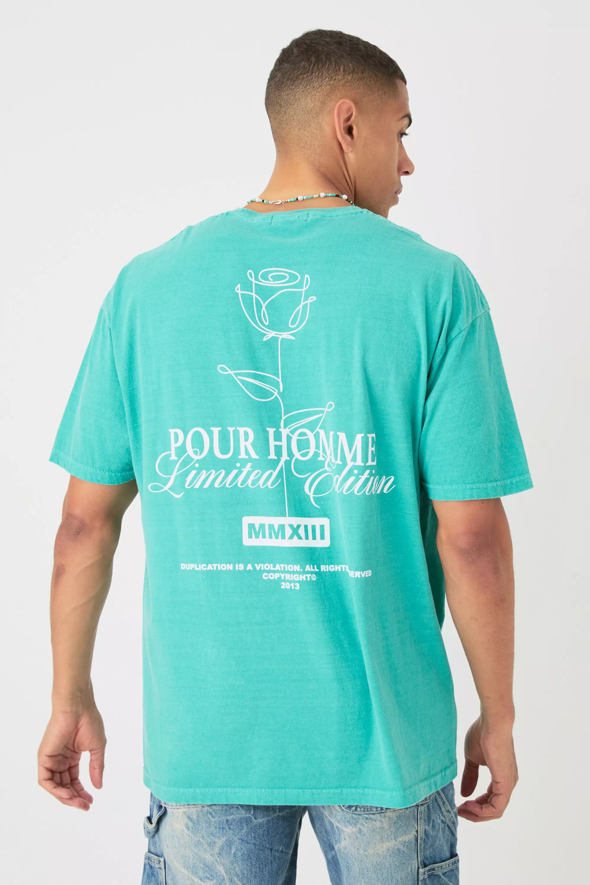 Oversized Extended Neck Stencil Floral T-shirt Green
