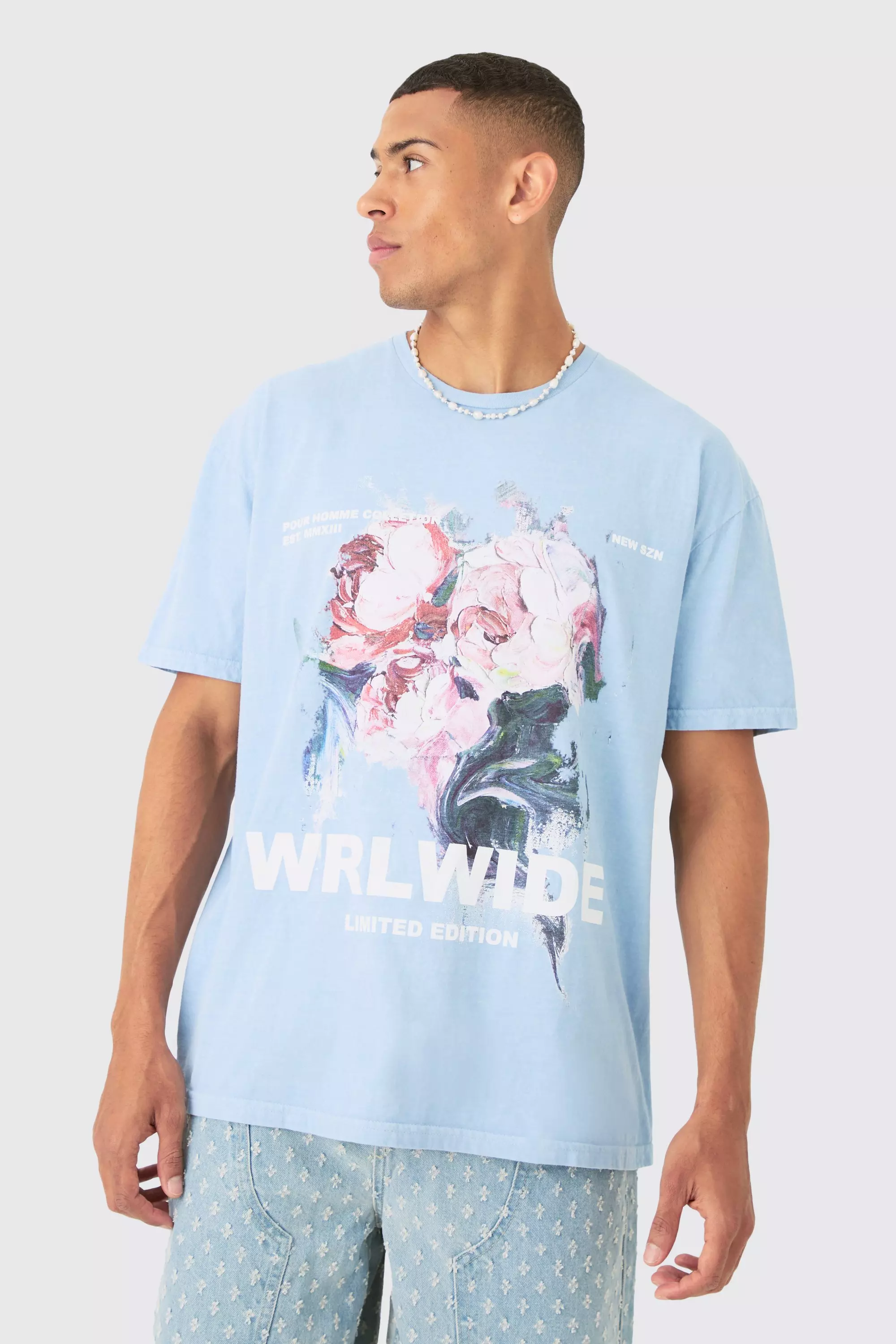 Dusty-blue Blue Oversized Painted Floral Print T-shirt