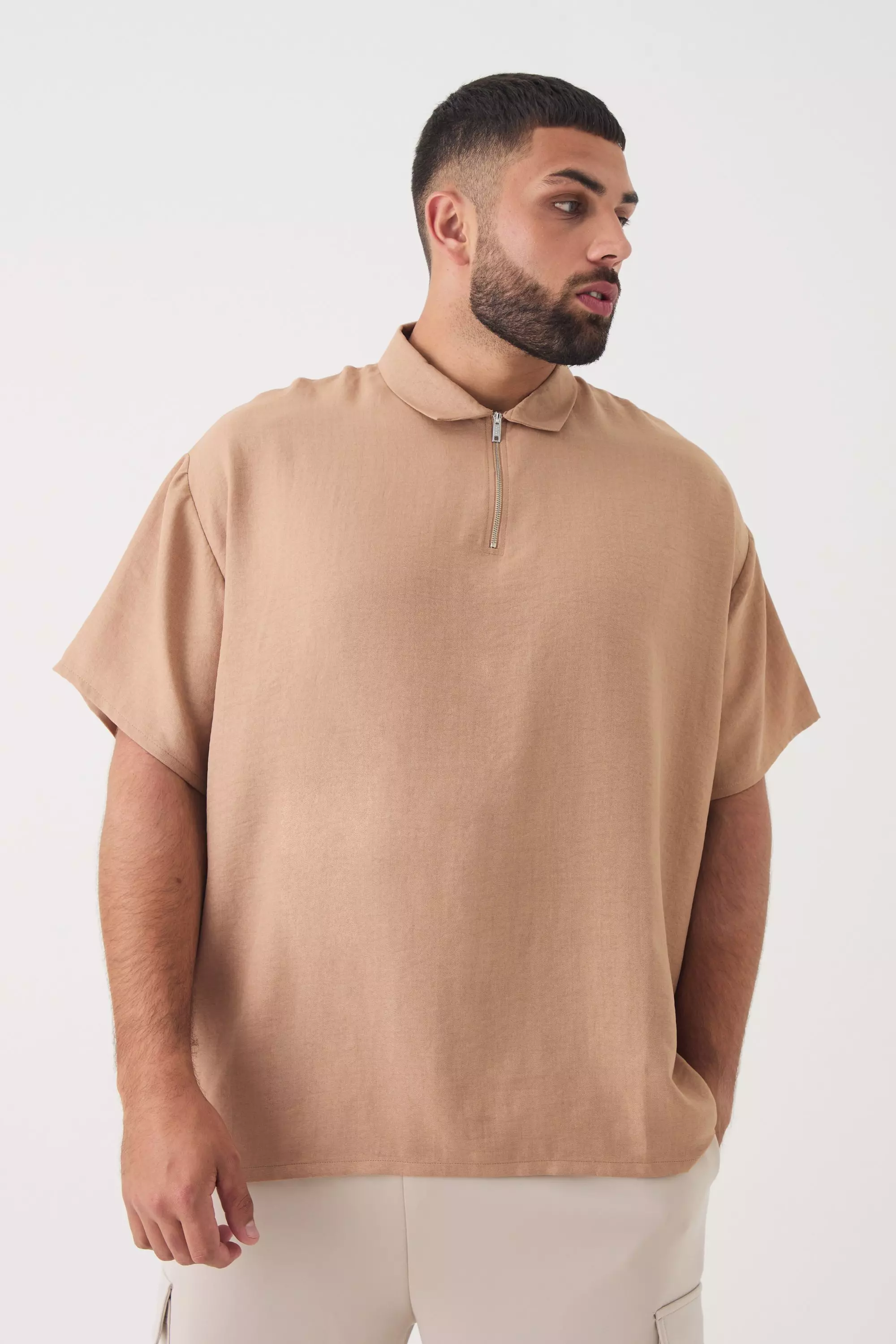 Plus Zip Up Linen Polo In Taupe Taupe