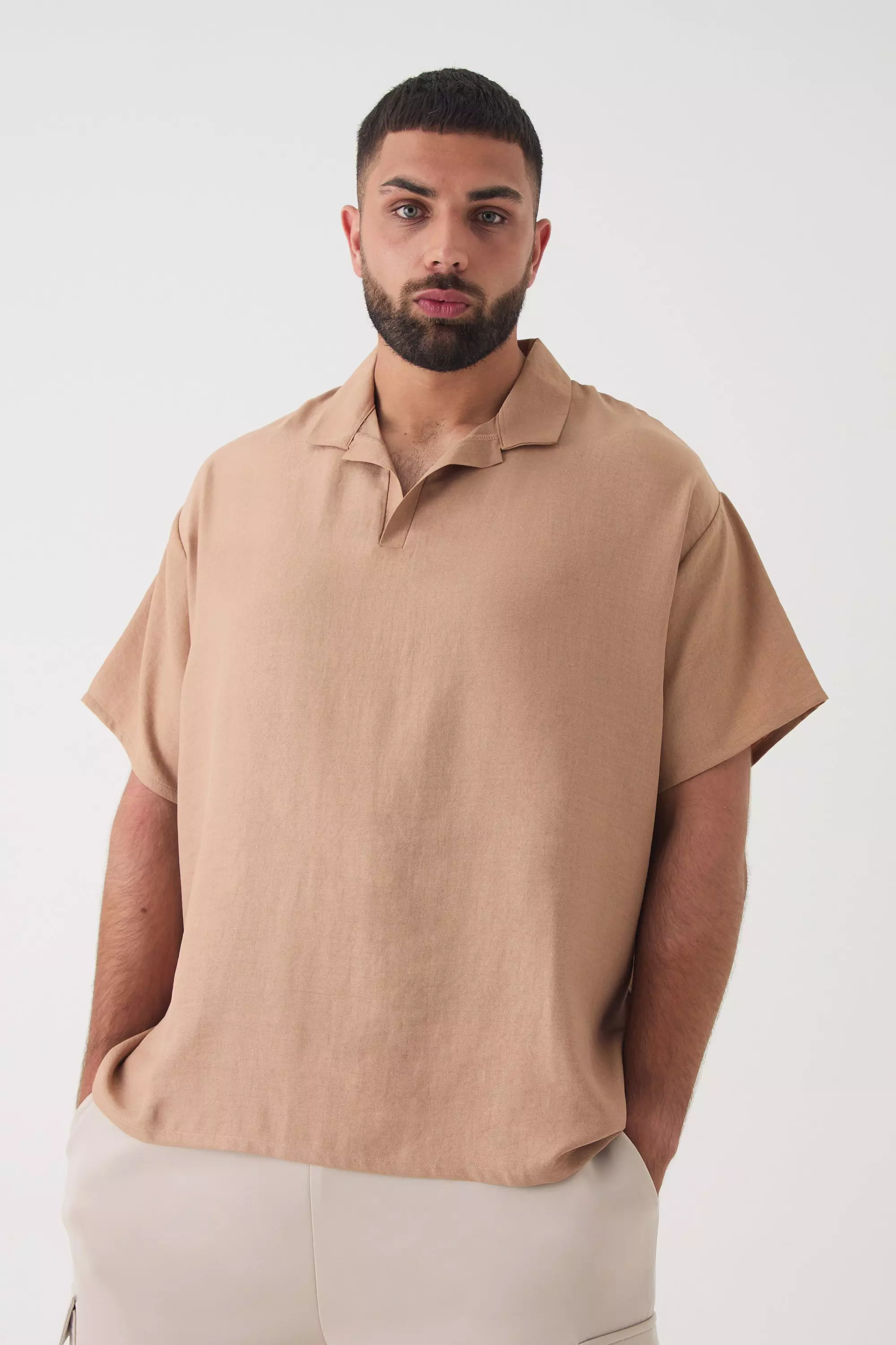 Plus Oversized Linen Revere Polo In Taupe Taupe